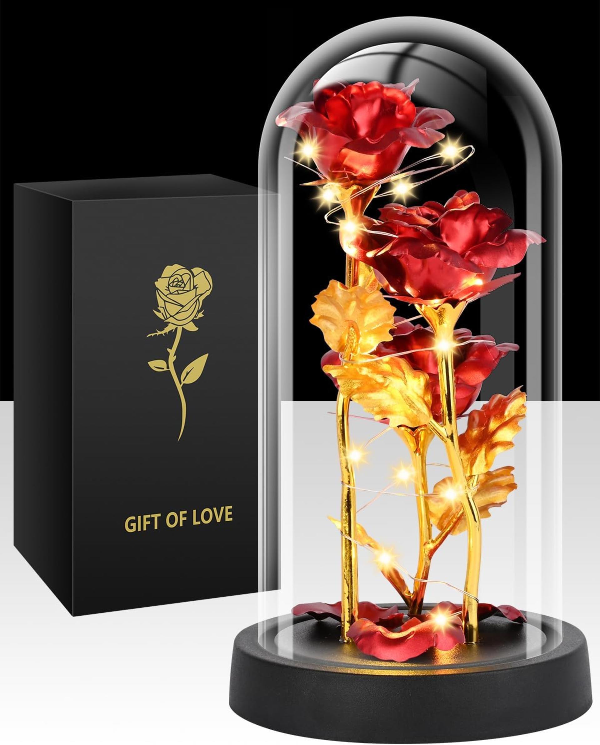Rosa Iluminada em Domo de Vidro - Presente de Rosa Eterna para Mulheres com Iluminação LED