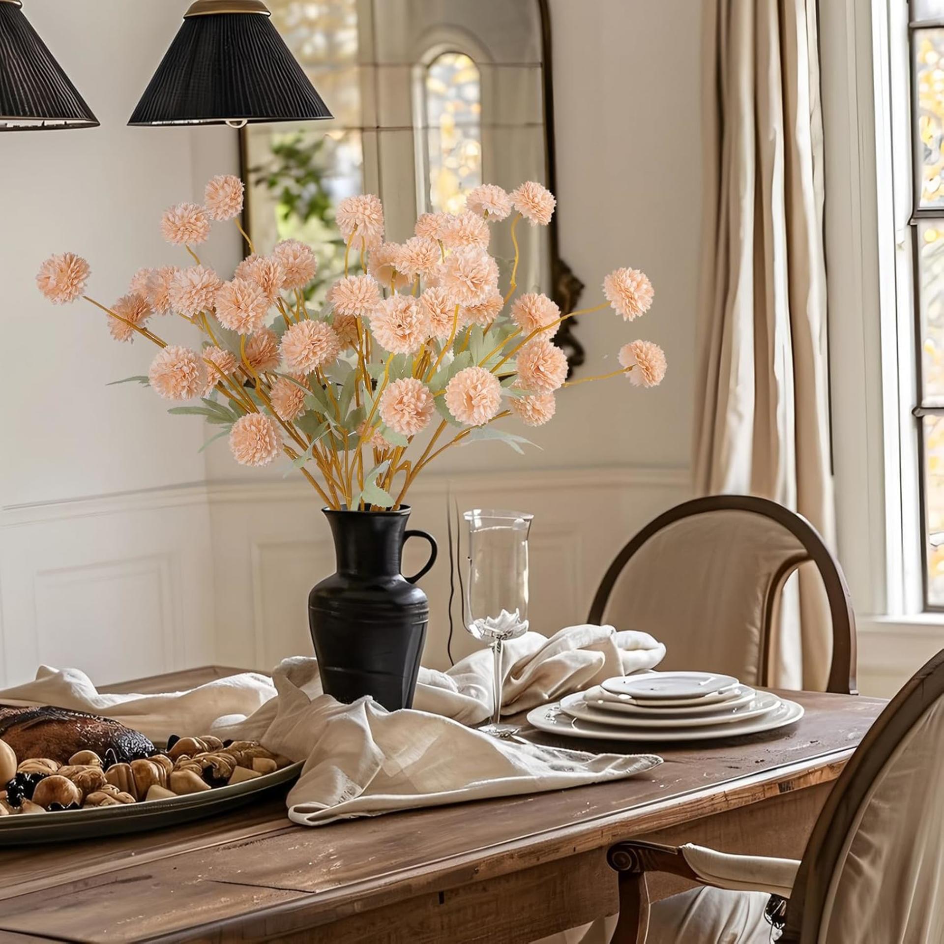 12 Pcs Artificial Chrysanthemum Flowers, Beige Pom Pom Mums for Fall Home Decor - 6