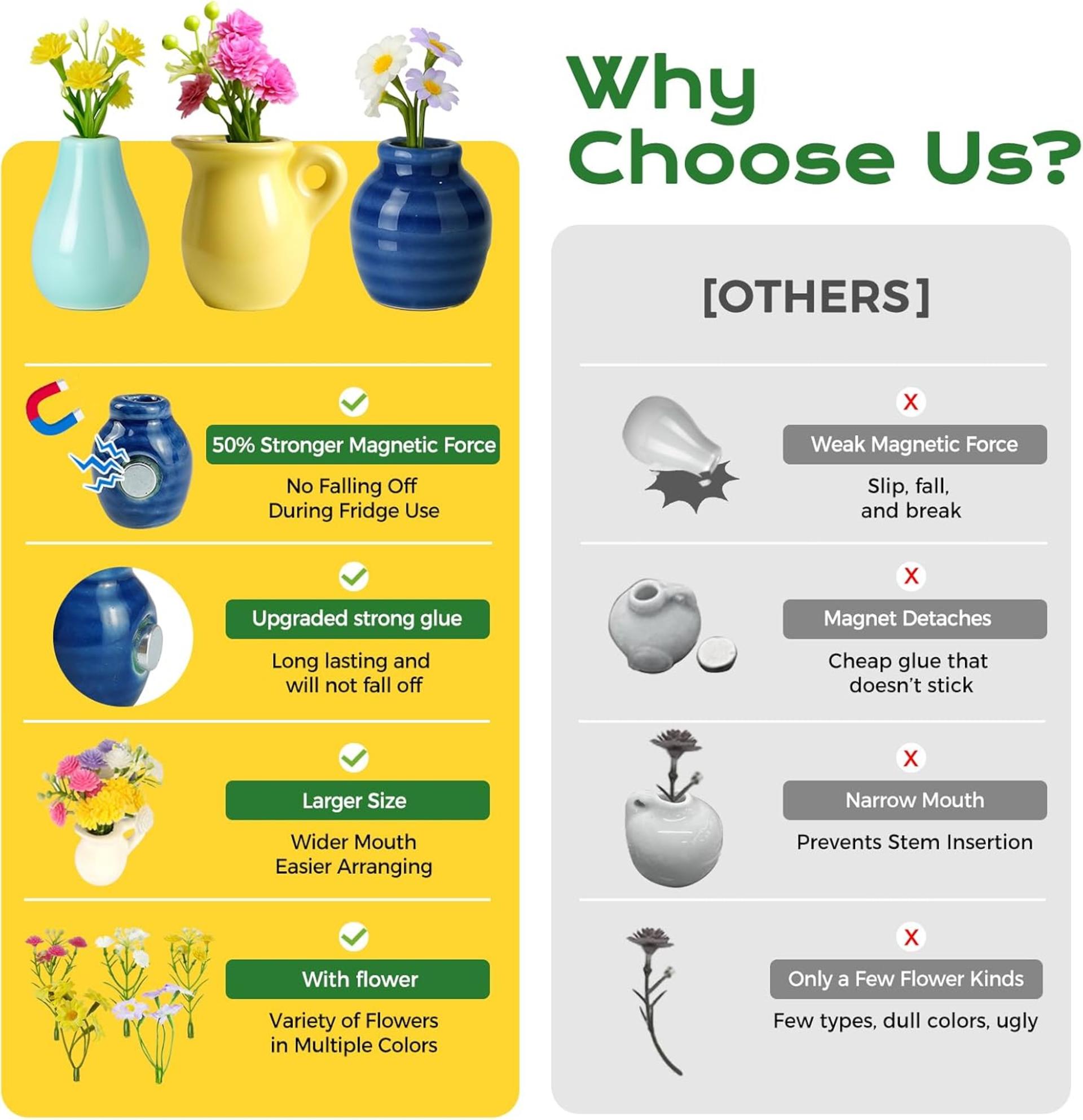 Mini Ceramic Vase Magnets with Flowers - 8 Pack Cute Fridge Decor for Kitchen & Office - 5