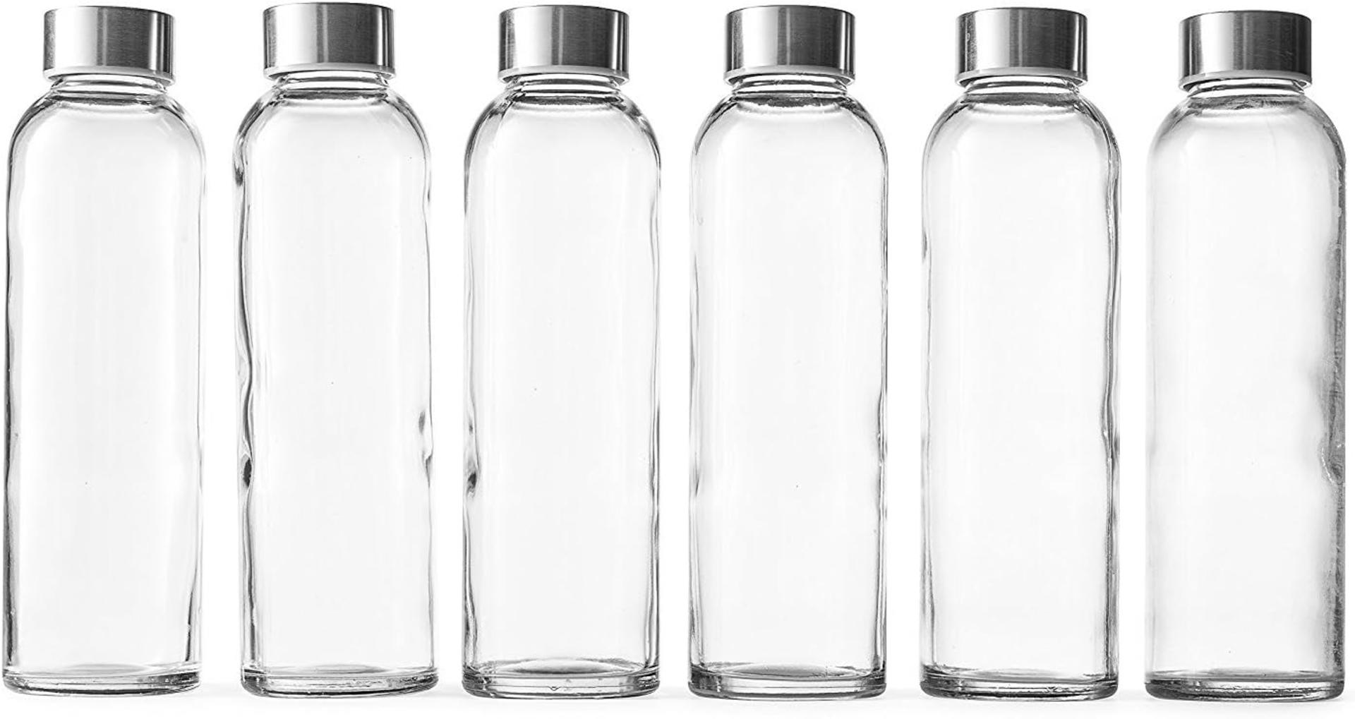 Set of 6 Clear Glass Bottles with Lids, 18oz Reusable Water Bottles for Juicing with Stainless Steel Cap, Leak Proof and Dishwasher Safe