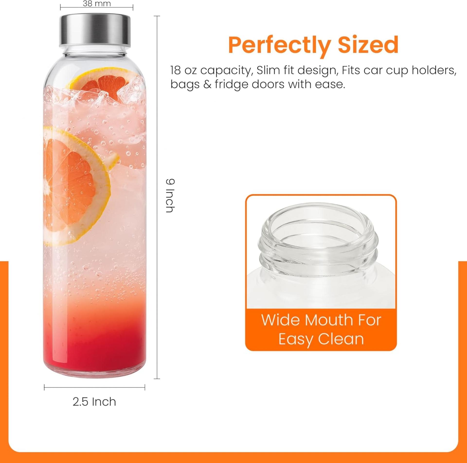 Set of 6 Clear Glass Bottles with Lids, 18oz Reusable Water Bottles for Juicing with Stainless Steel Cap, Leak Proof and Dishwasher Safe - 4