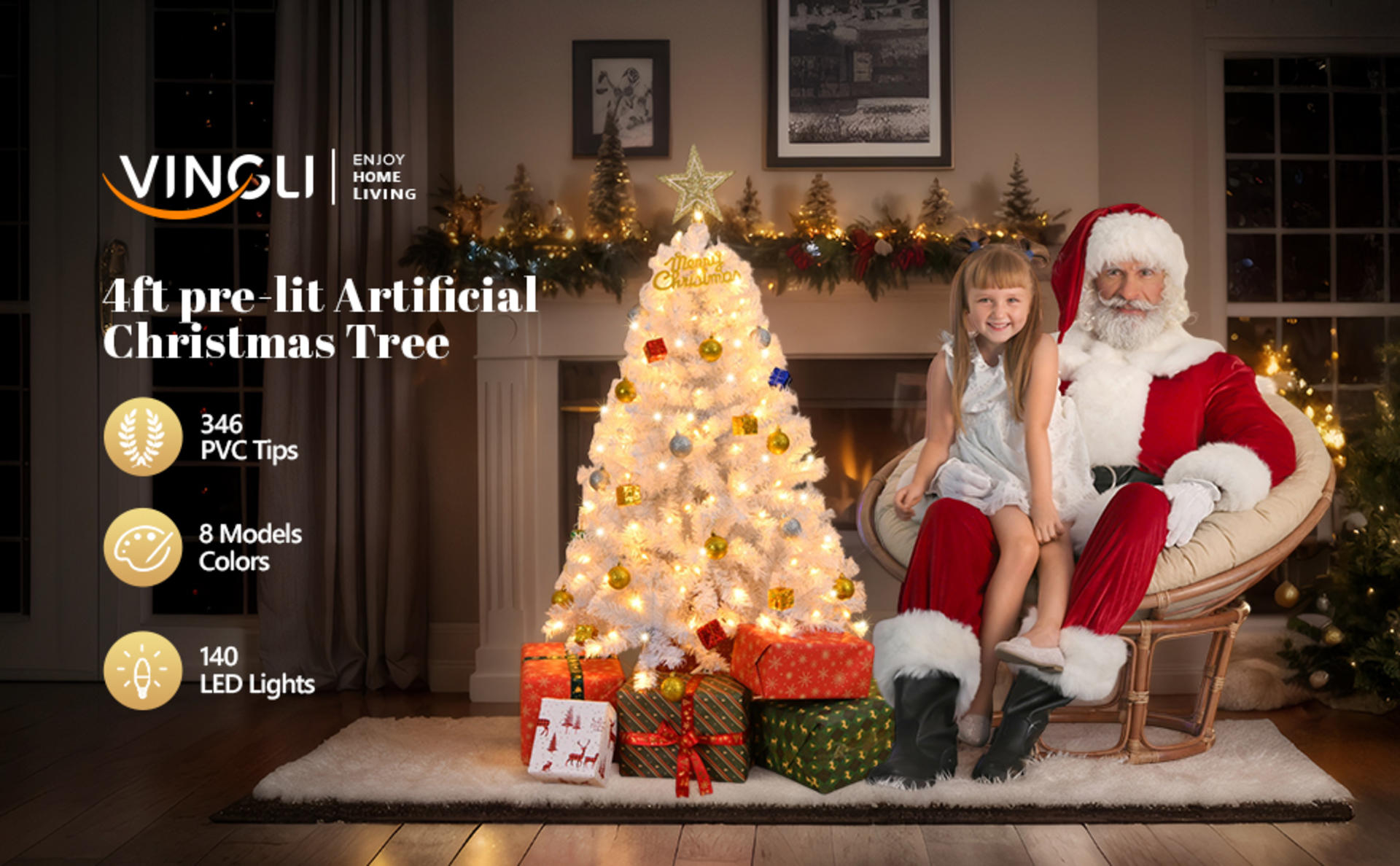 VINGLI 4ft Prelit Artificial Christmas Tree with 120 Warm White Lights, 211 Branches Tips detail 1