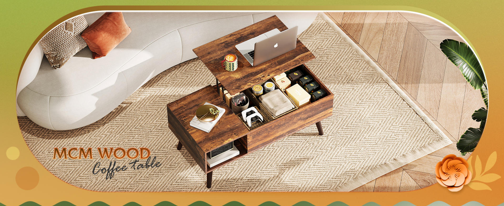 Lift-Top Coffee Table with Storage, 39" Rustic Brown Living Room Table with Hidden Compartment detail 1