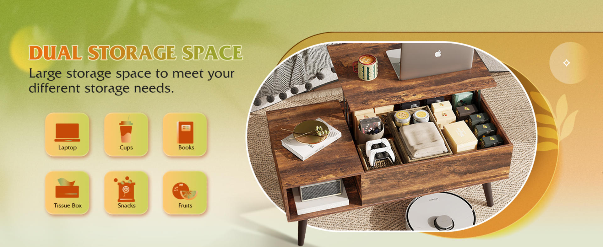 Lift-Top Coffee Table with Storage, 39" Rustic Brown Living Room Table with Hidden Compartment detail 3