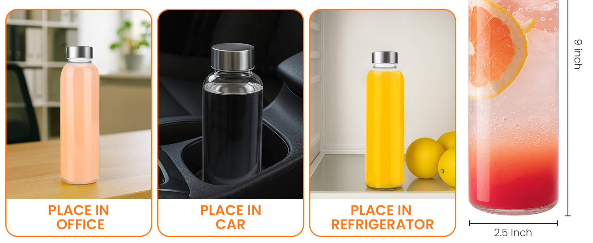 Set of 6 Clear Glass Bottles with Lids, 18oz Reusable Water Bottles for Juicing with Stainless Steel Cap, Leak Proof and Dishwasher Safe detail 6