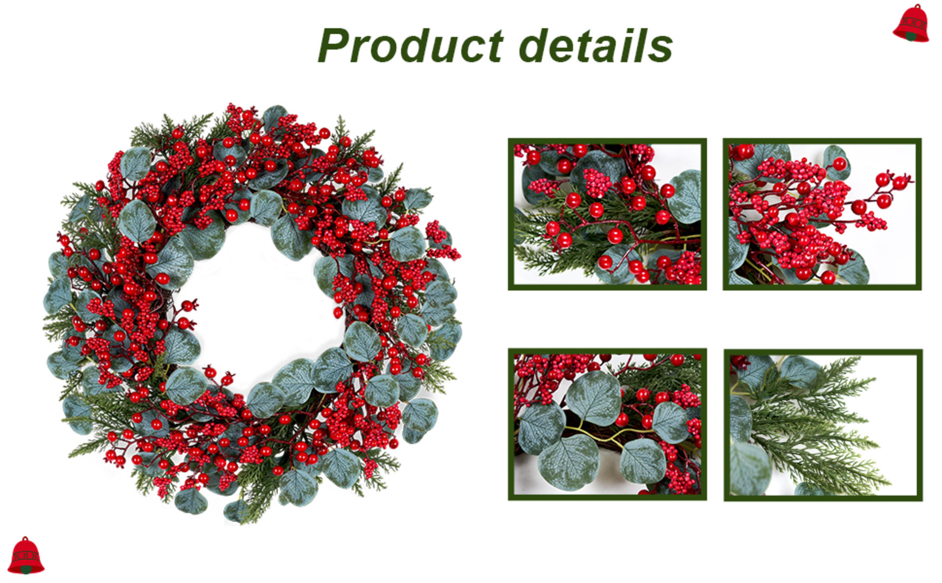 Christmas Wreath 22in for Front Door - Red Berry & Eucalyptus Decoration detail 2