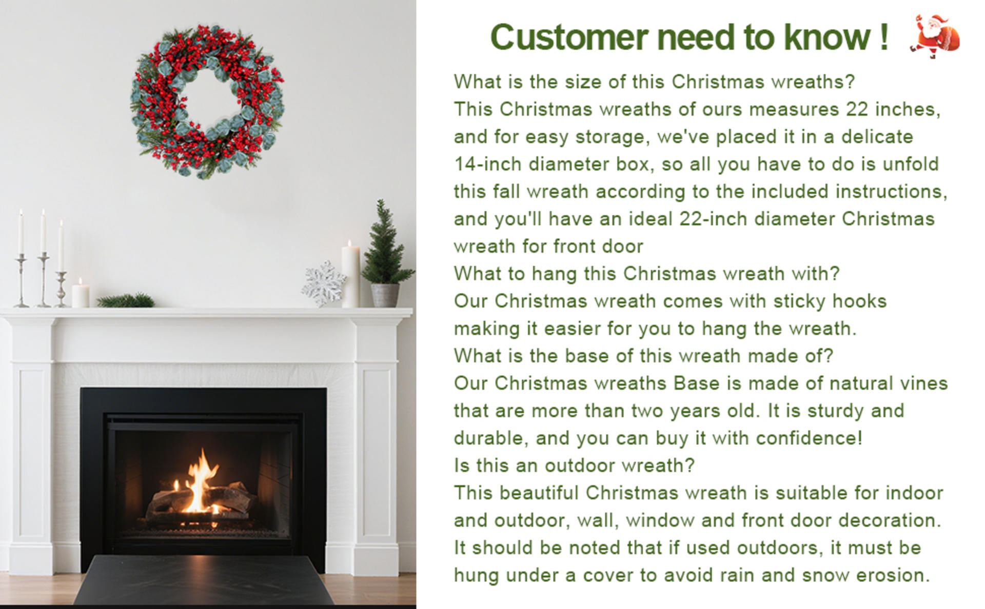 Christmas Wreath 22in for Front Door - Red Berry & Eucalyptus Decoration detail 5