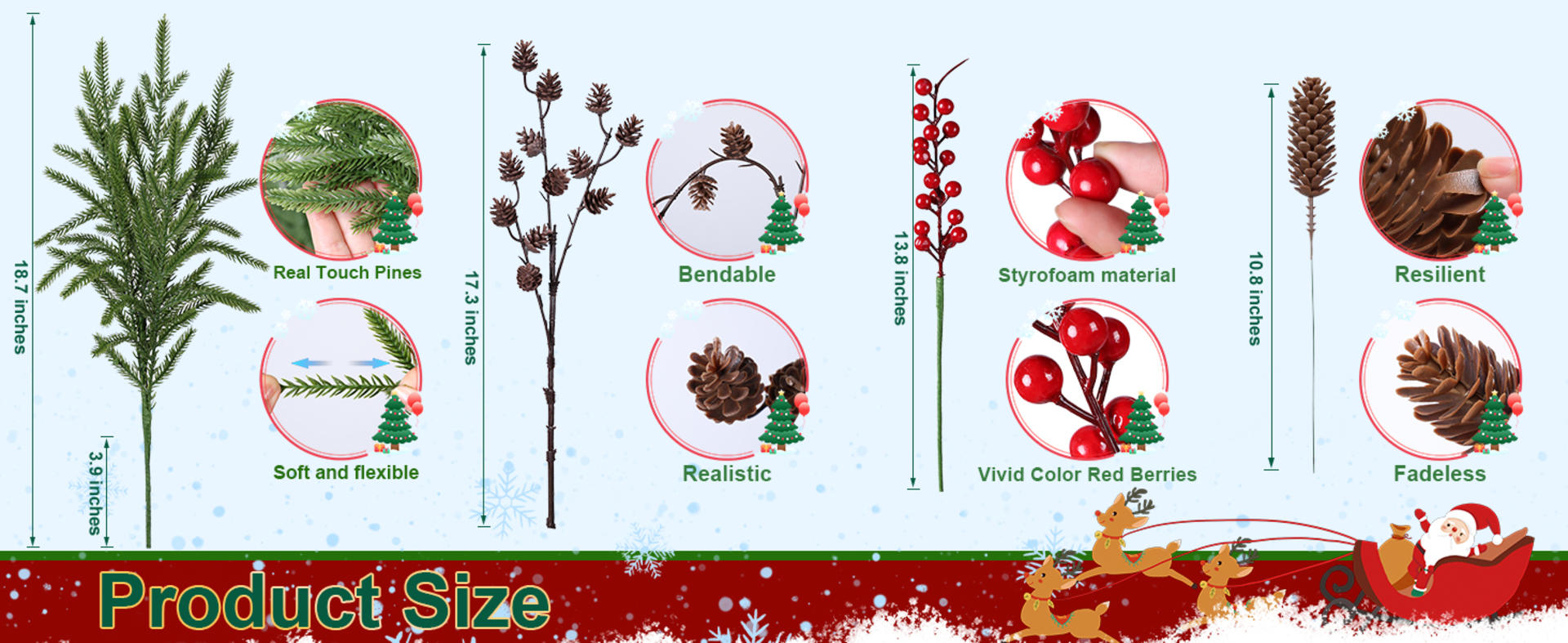 14 PCS Artificial Norfolk Pine Stems with Pine Cones, 19 Inch Real Touch Greenery for Christmas Decor detail 6