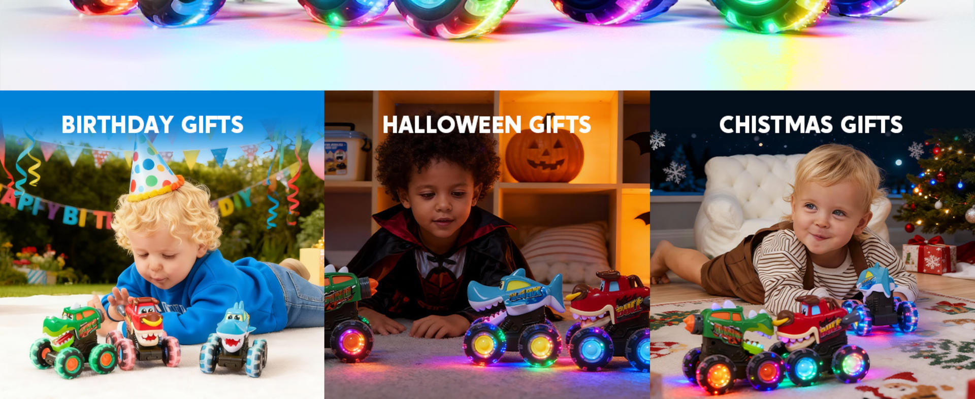 3-Pack Motion Activated Light Up Monster Trucks with LED Wheels - Press & Go Dinosaur Toy Cars detail 6