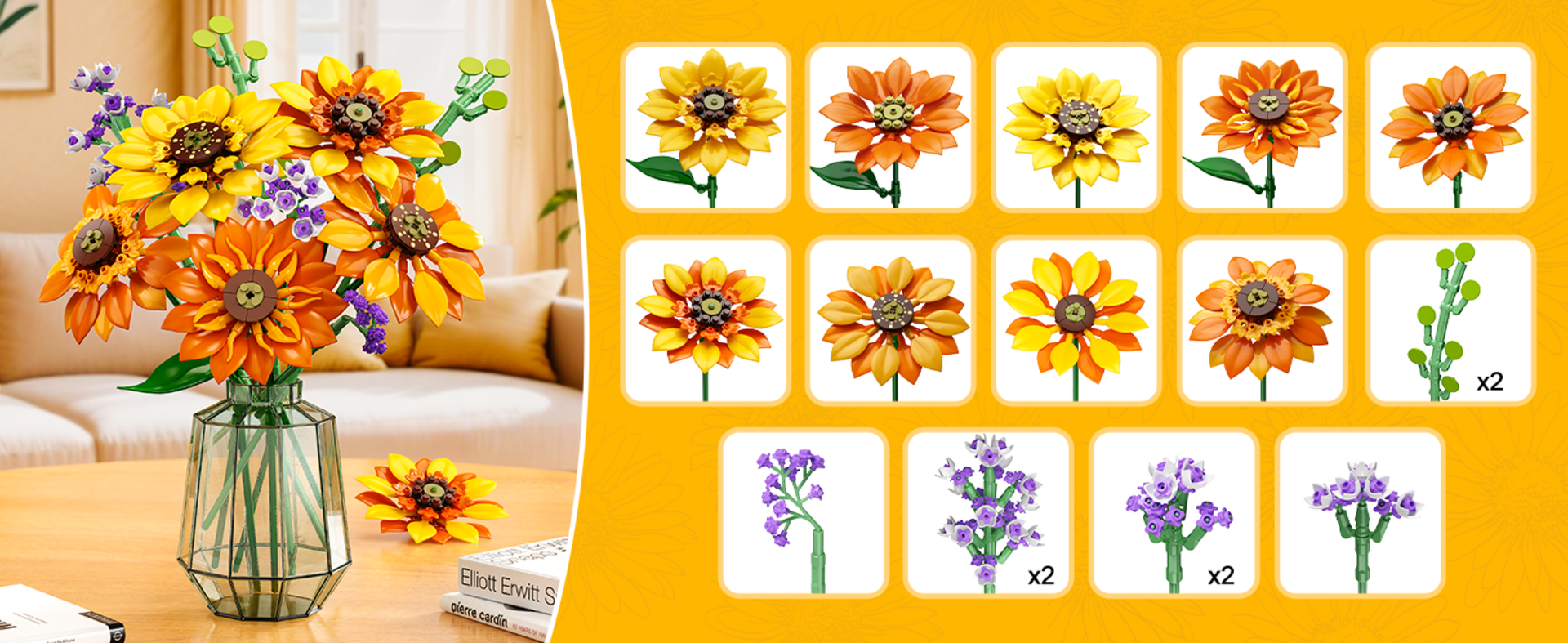 Sunflower Bouquet Building Set with LED Lights - 1011 Piece Botanical Collection for Adults detail 2
