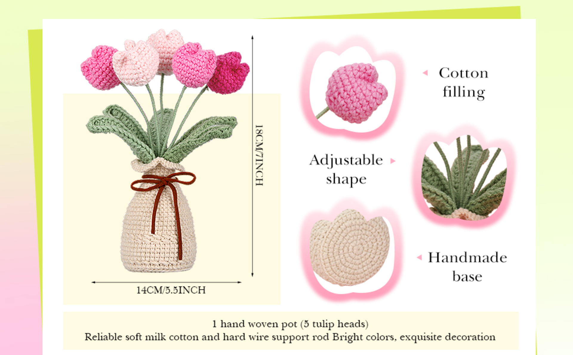 Hand Woven Crochet Tulip Bouquet with Vase - 7.1 Inch Artificial Forever Flowers for Home Decor detail 2