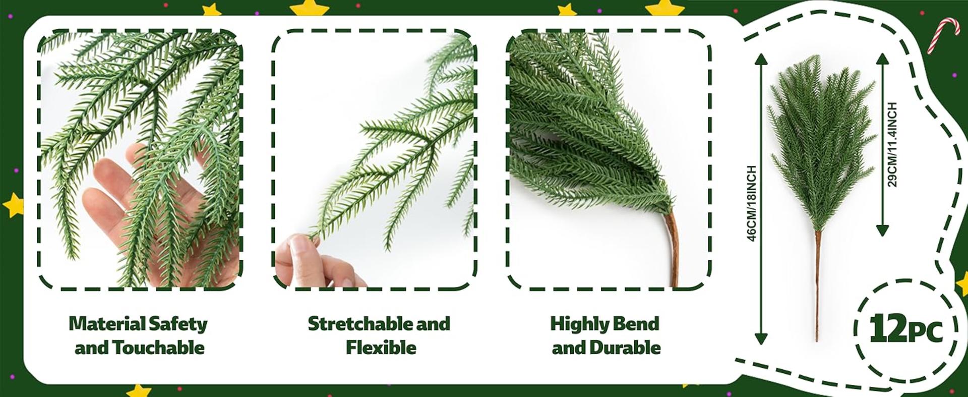 12 Pcs Real Touch Norfolk Pine Branches, 18" Artificial Greenery Stems for Christmas Decor detail 3