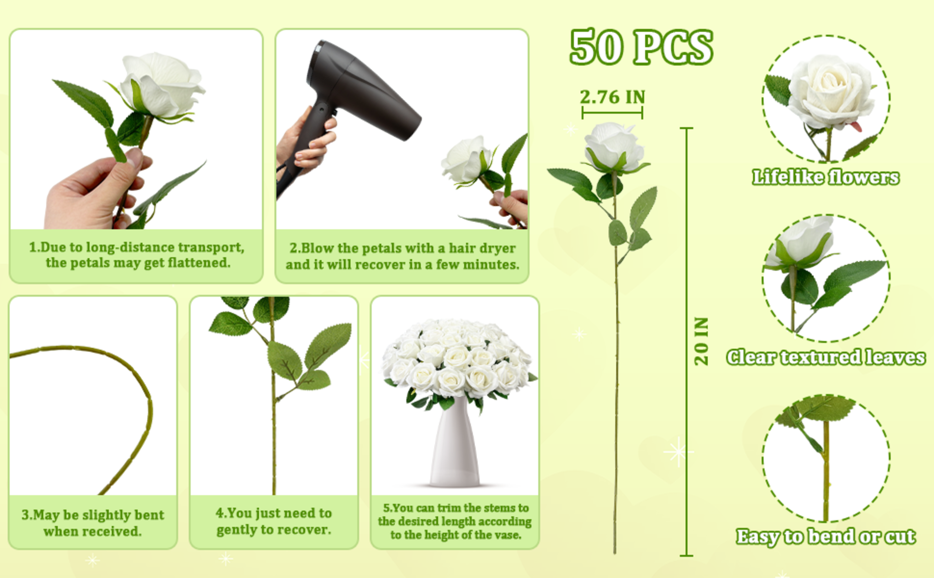 50-Pack Artificial Velvet Silk White Roses with Long Stems for Wedding & Home Decor detail 2