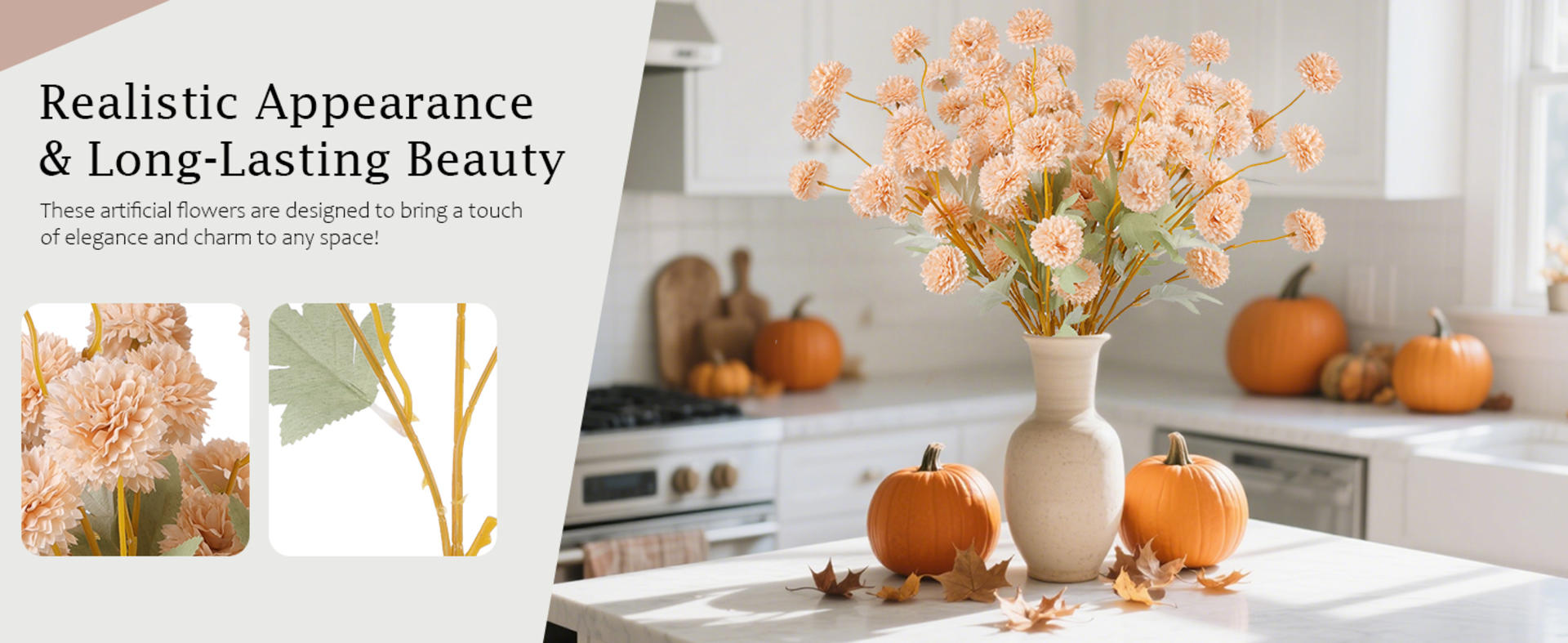 12 Pcs Artificial Chrysanthemum Flowers, Beige Pom Pom Mums for Fall Home Decor detail 1