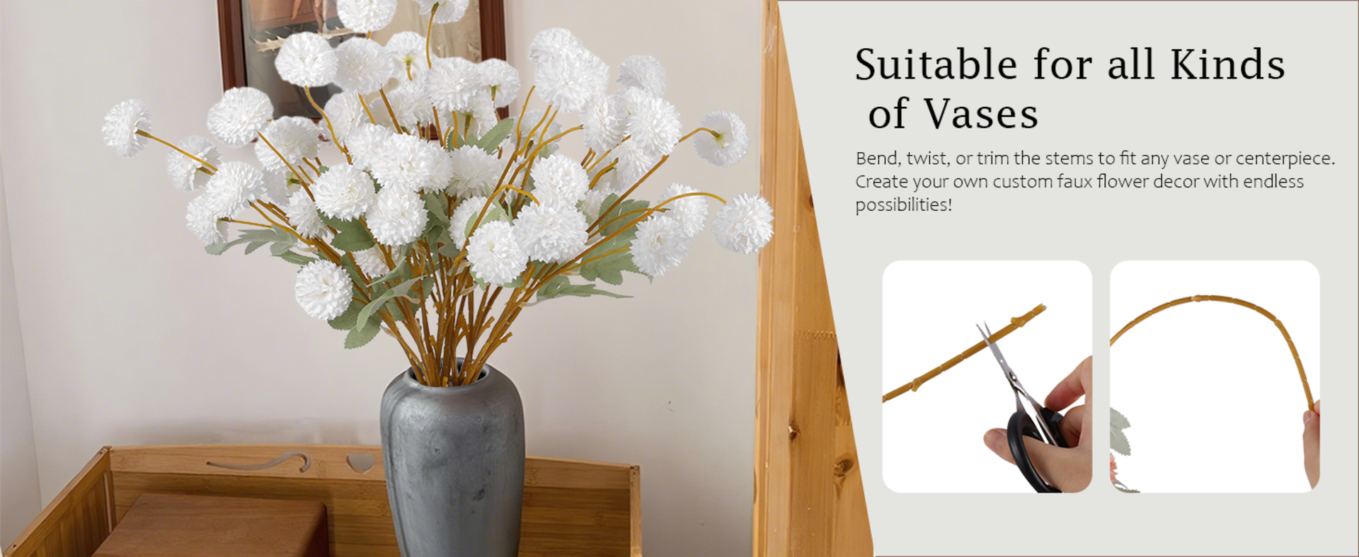 12 Pcs Artificial Chrysanthemum Flowers, Beige Pom Pom Mums for Fall Home Decor detail 3