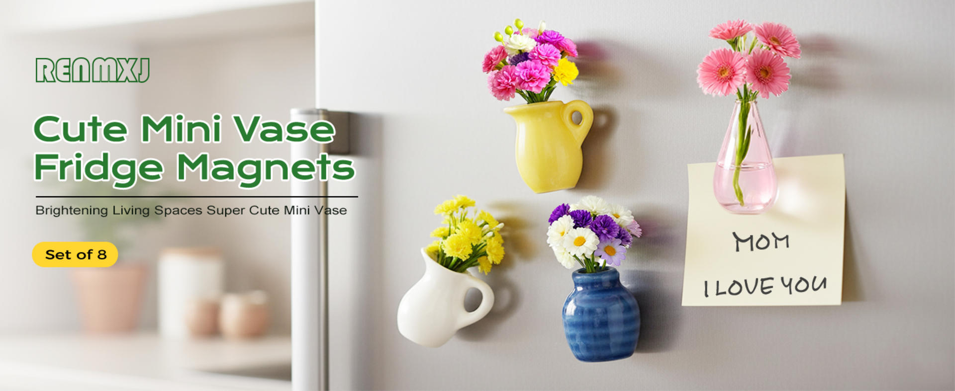 Mini Ceramic Vase Magnets with Flowers - 8 Pack Cute Fridge Decor for Kitchen & Office detail 1