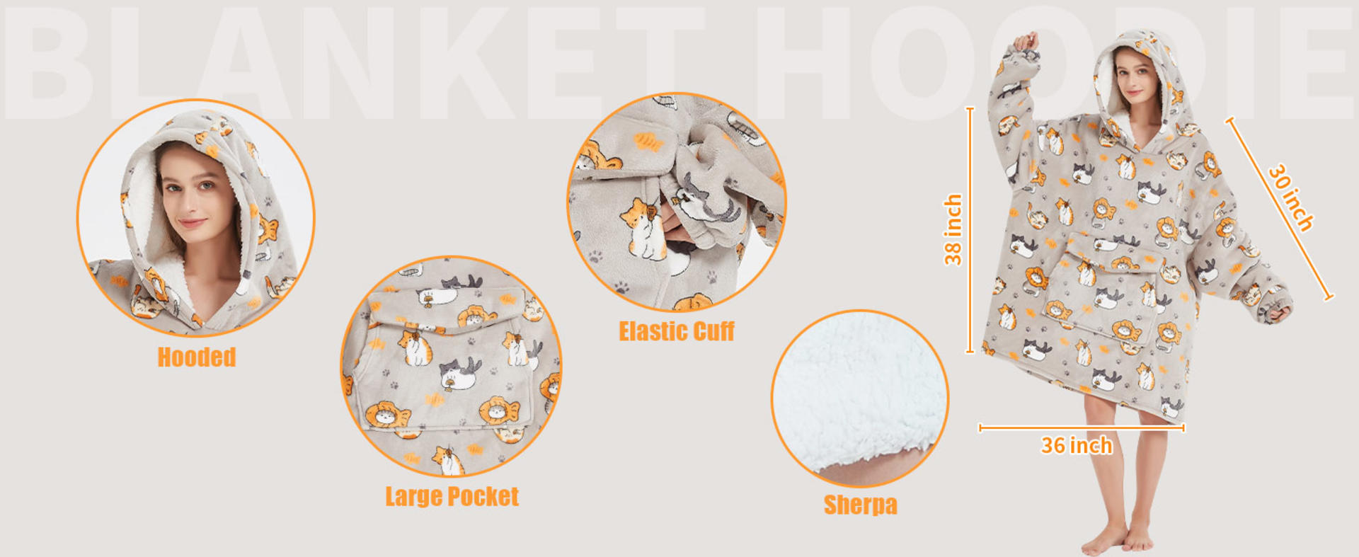 Oversized Sherpa Fleece Wearable Blanket Hoodie for Adults, Unisex One Size Fits Most detail 7