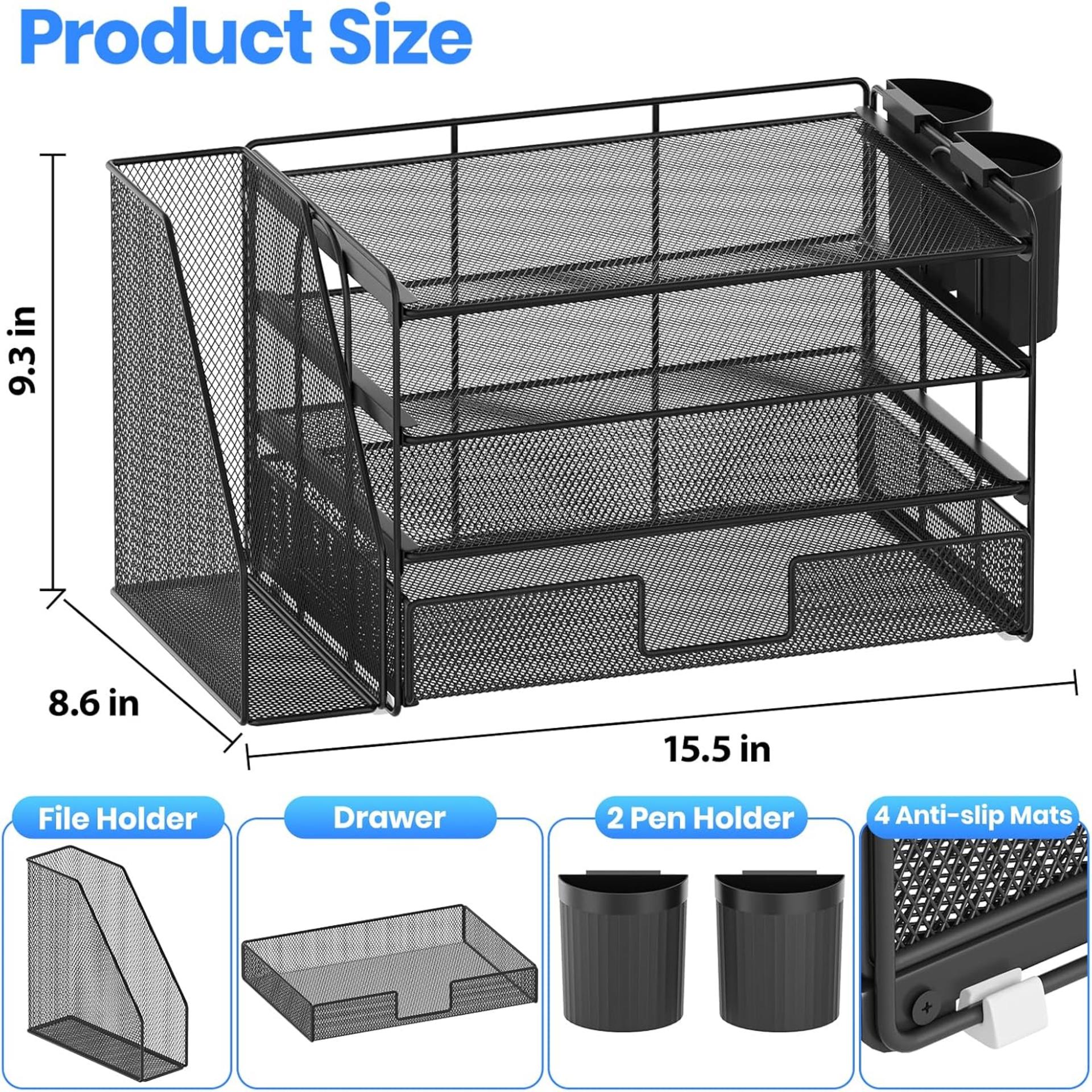 4-Tier Desktop File Organizer with Drawer & Pen Holders - Black - 7
