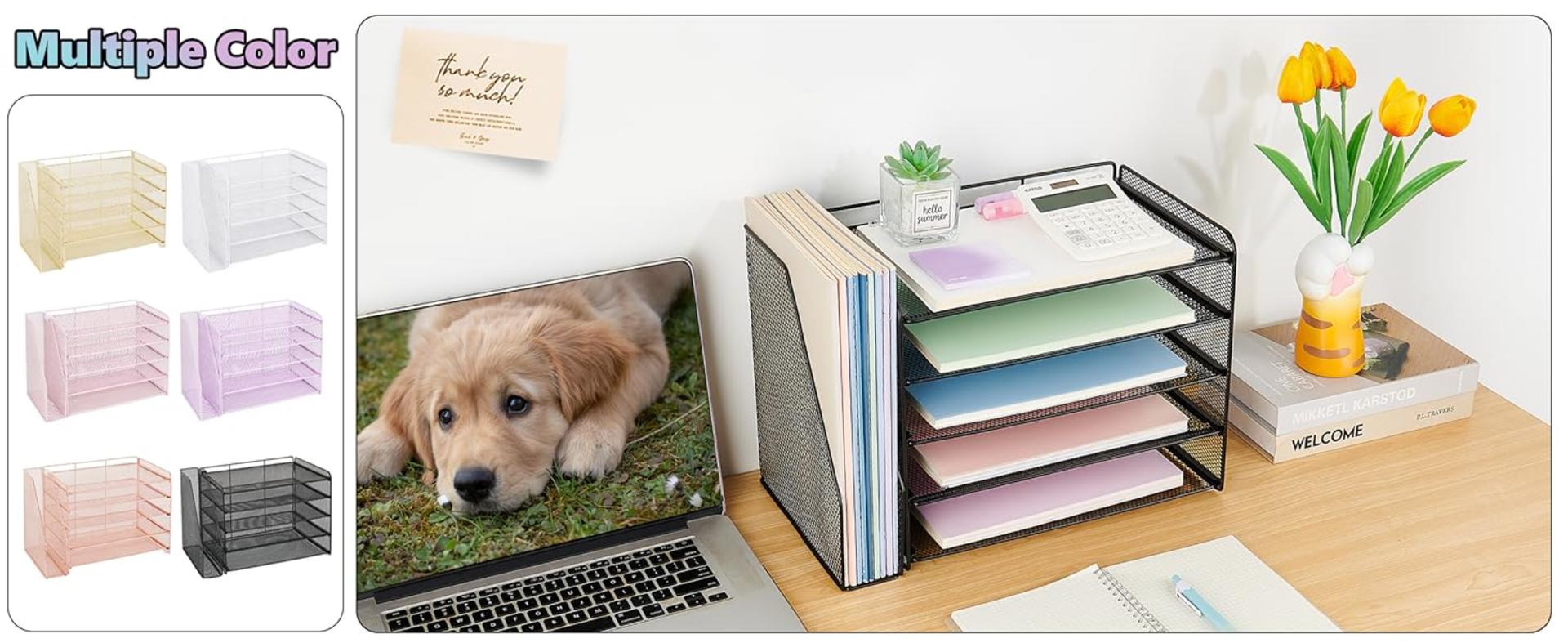 4-Tier Desktop File Organizer with Drawer & Pen Holders - Black detail 1