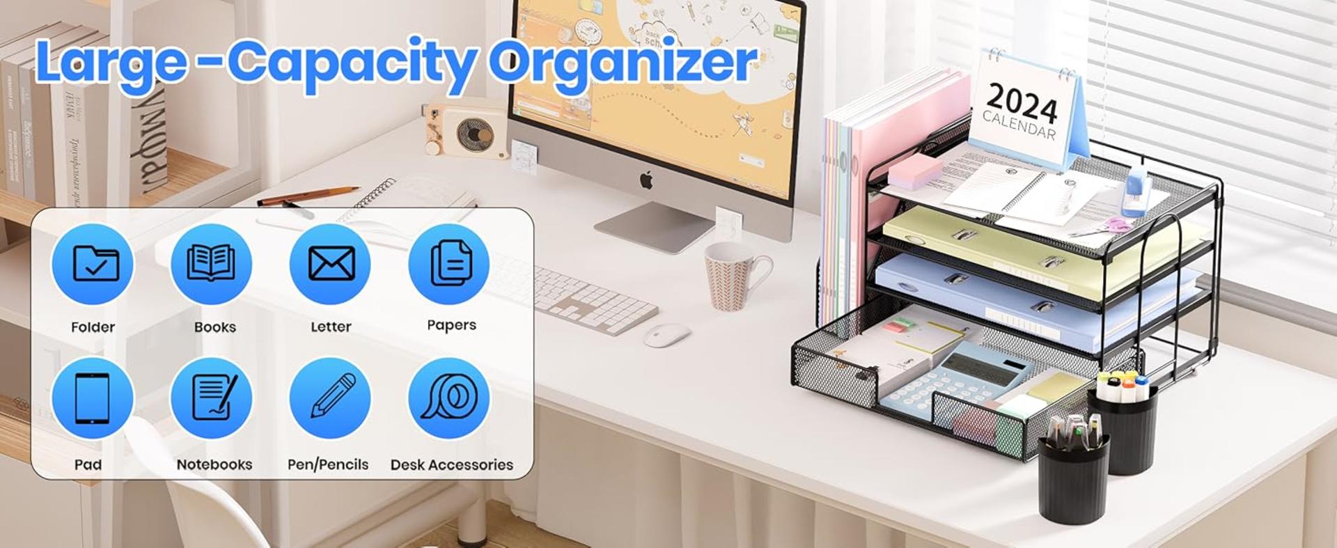 4-Tier Desktop File Organizer with Drawer & Pen Holders - Black detail 4