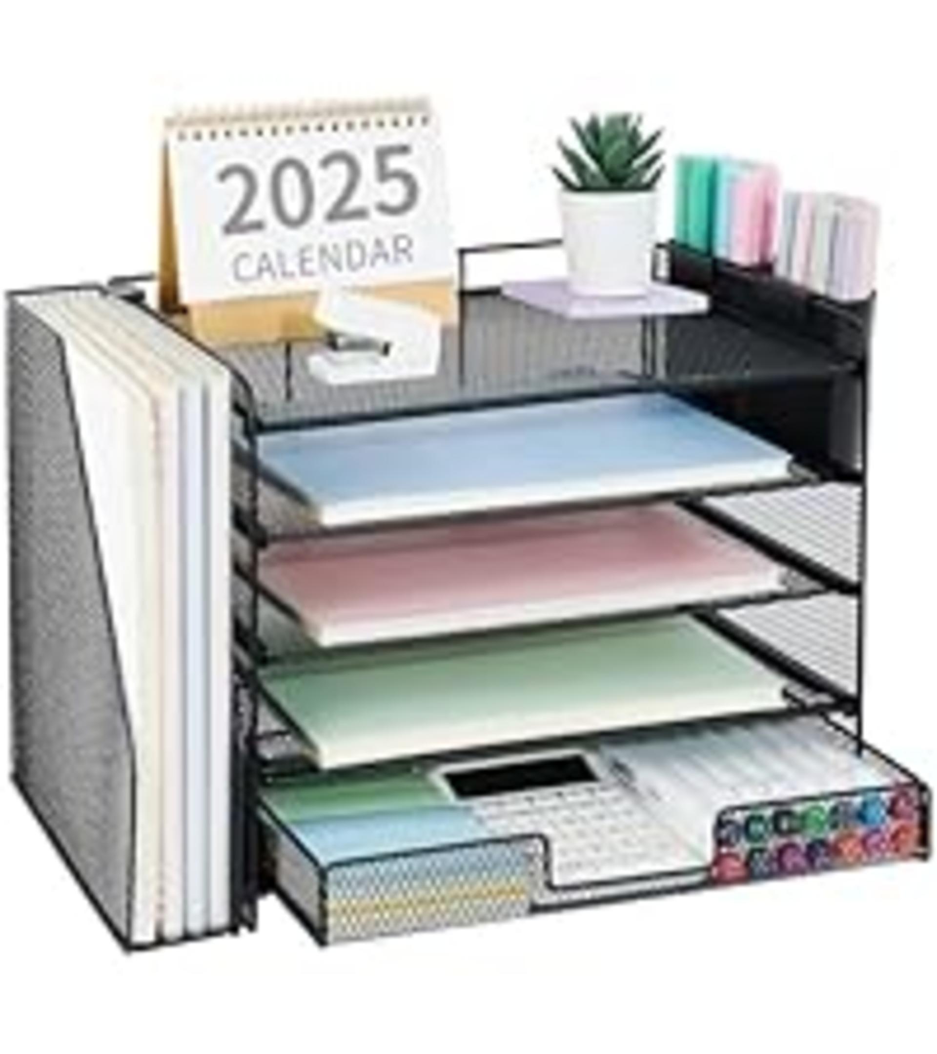 4-Tier Desktop File Organizer with Drawer & Pen Holders - Black detail 10