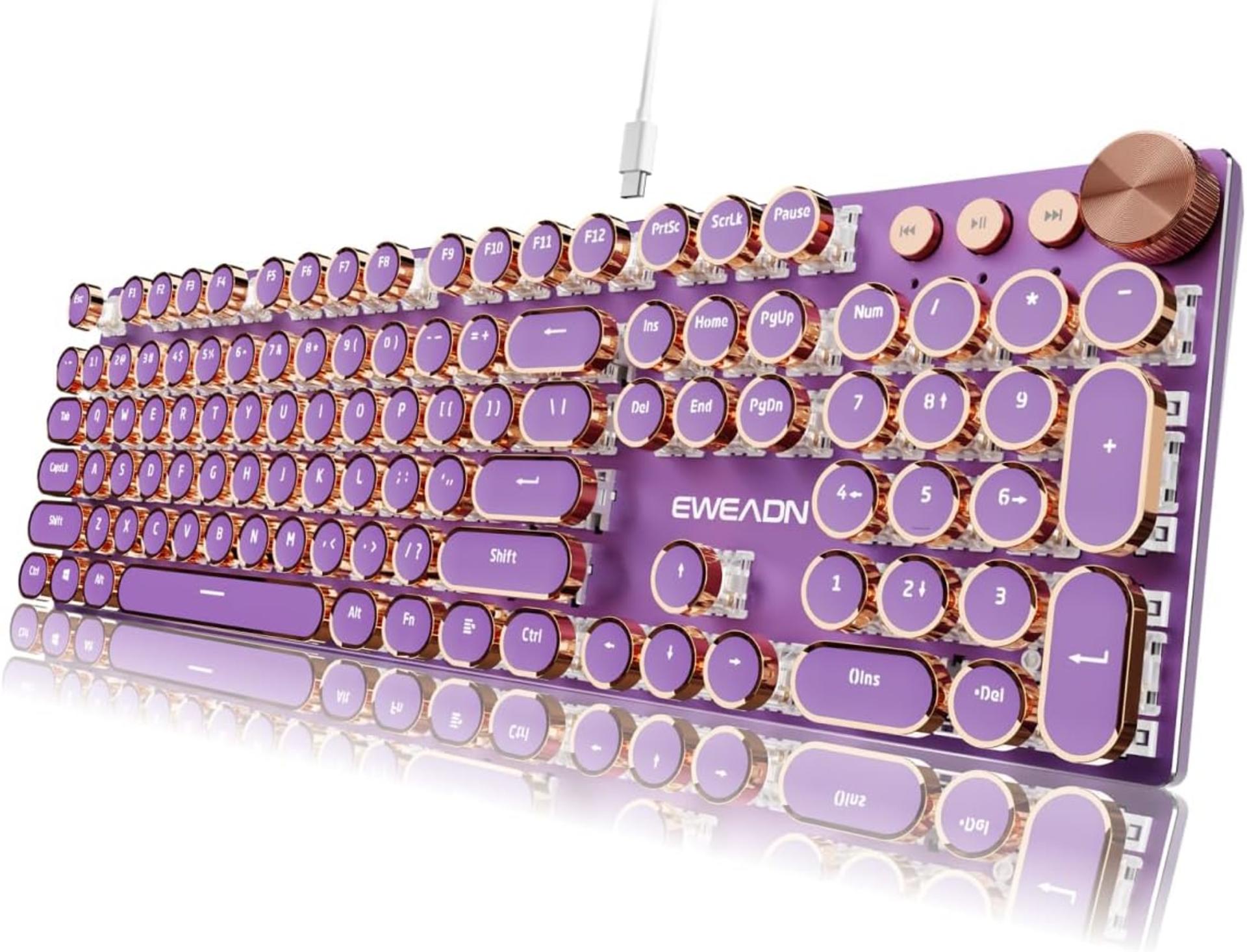 Vintage Typewriter Mechanical Keyboard with RGB Backlight & Media Knob - 104 Keys, Pink Switch, Metal Panel