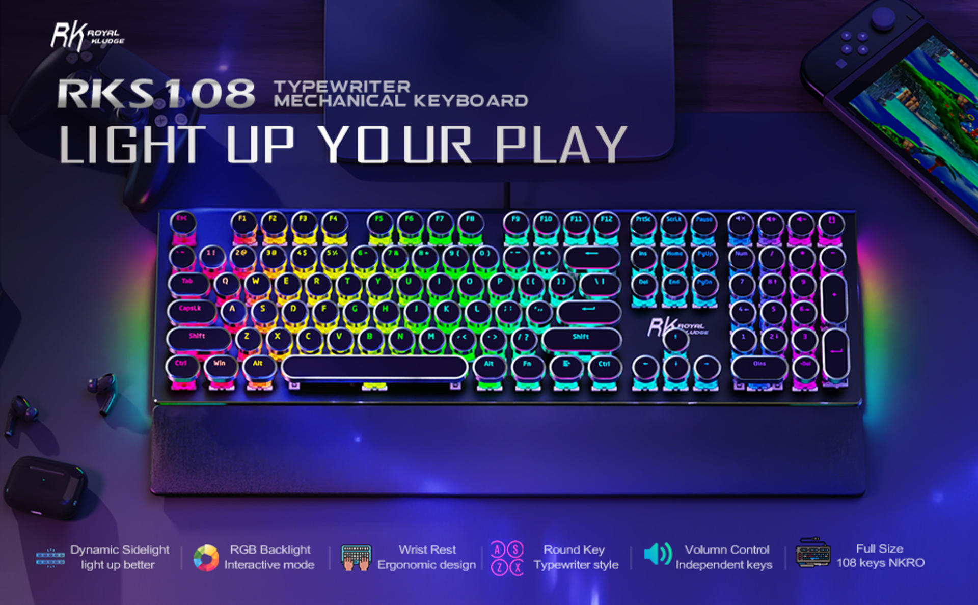 Retro Mechanical Gaming Keyboard with RGB Sidelight & Detachable Wrist Rest - Blue Switches detail 1