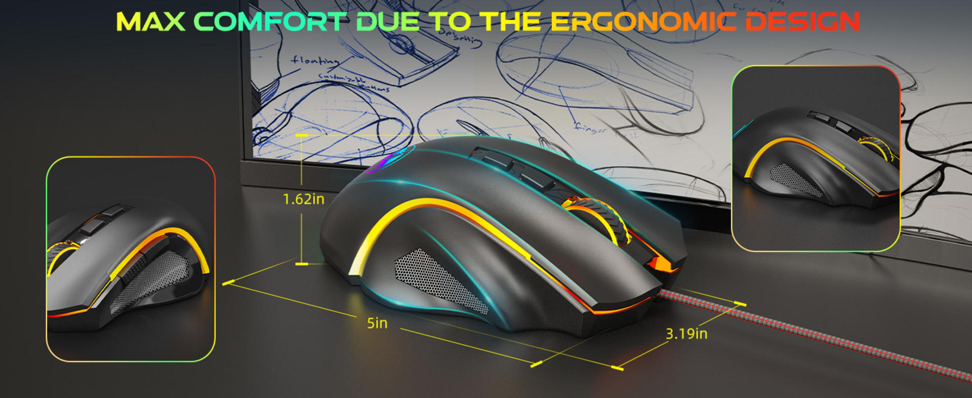 Redragon M602 Gaming Mouse, Ergonomic RGB Gaming Mouse Wired with 7200 Adjustable DPI, 9 Programmable Buttons, Professional Software for Gamer Office [Black] detail 6