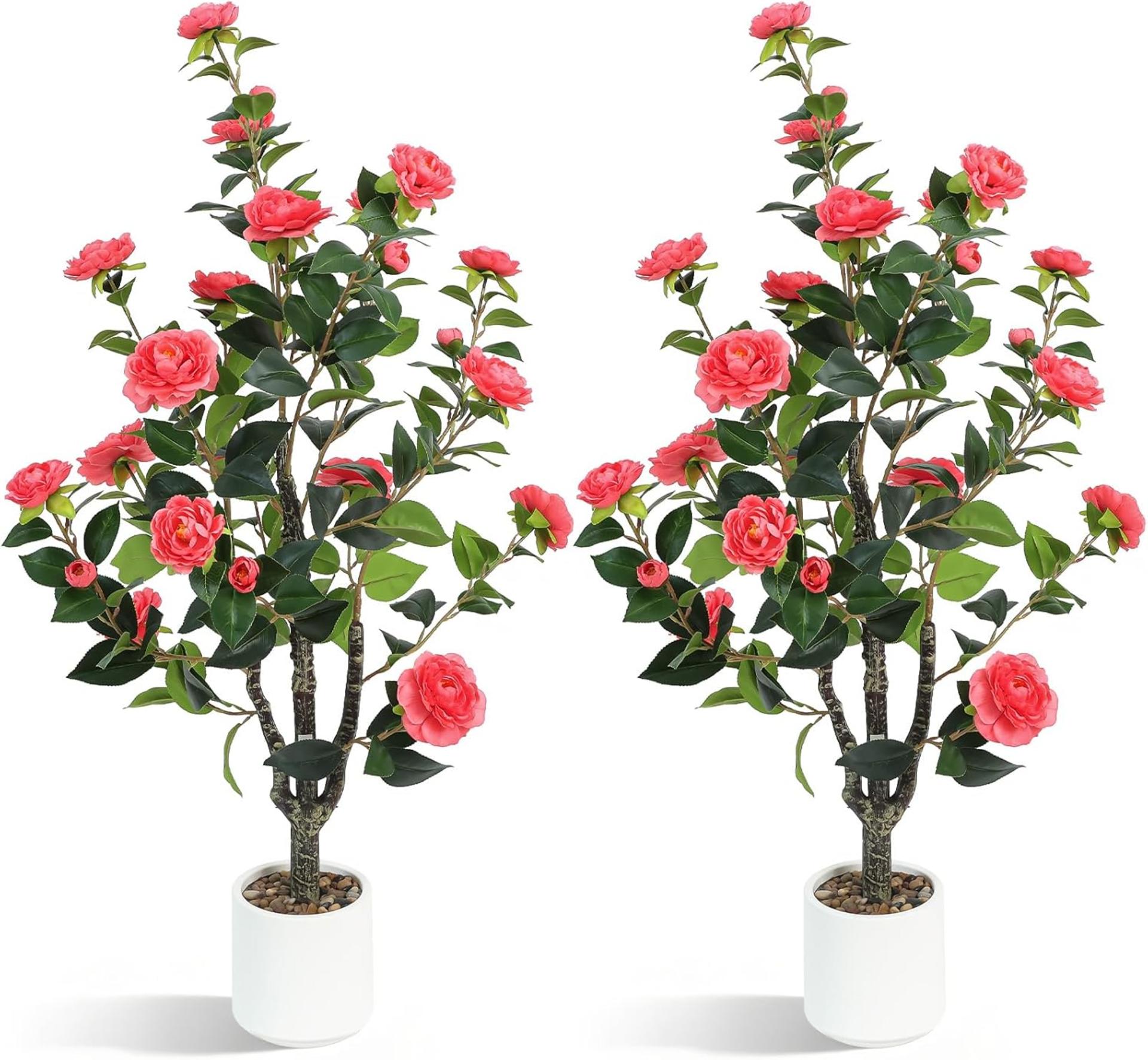Conjunto de 2 Árvores Artificiais de Camélia Realistas – 40'' Plantas Falsas em Vaso com 30 Flores Cor-de-Rosa