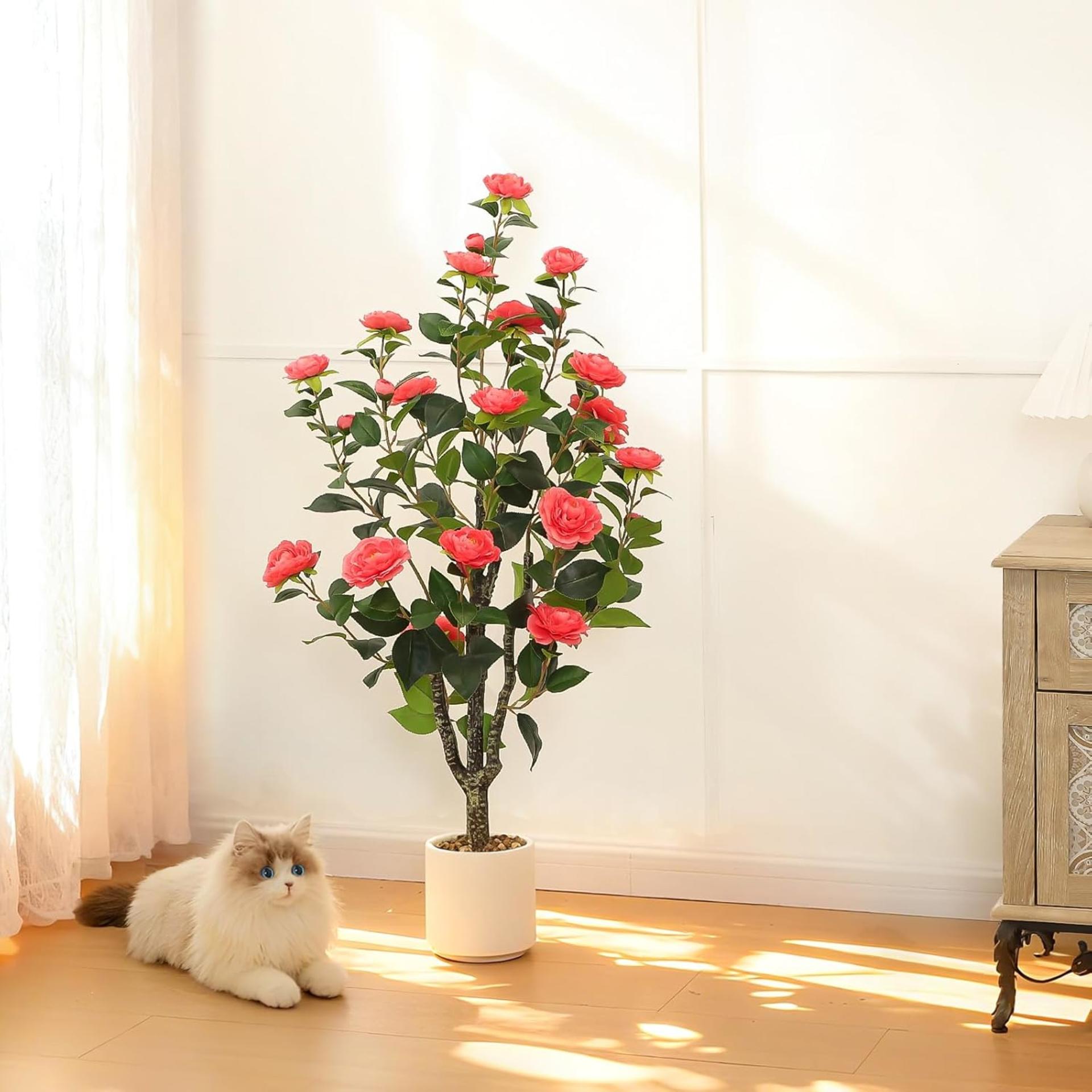 Realistic Artificial Camellia Tree 2-Pack – 40'' Faux Potted Plants with 30 Pink Flowers - 2