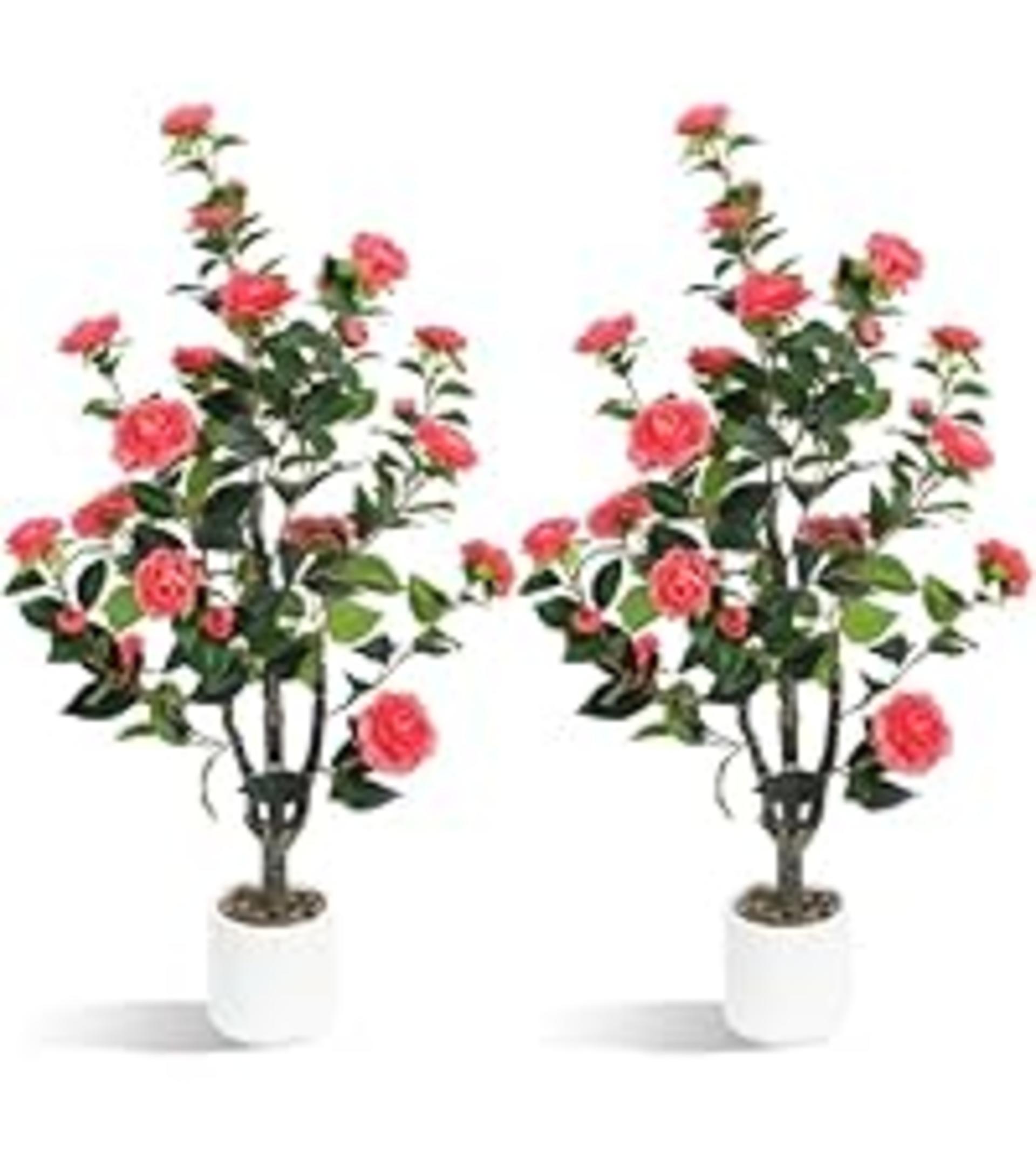 Realistic Artificial Camellia Tree 2-Pack – 40'' Faux Potted Plants with 30 Pink Flowers detail 7