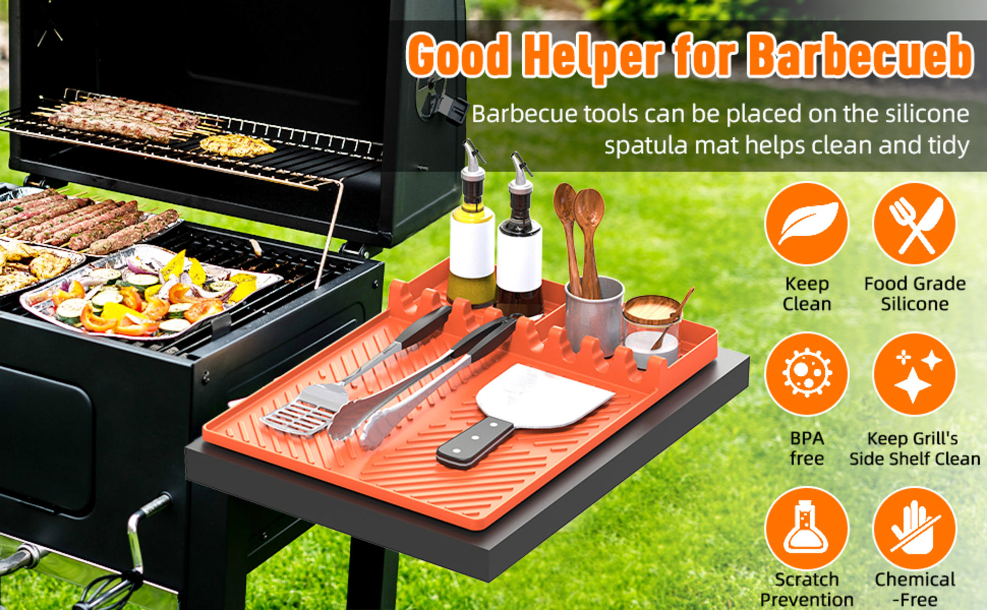 Large Silicone Grill Mat for Blackstone & BBQ Griddles - Heat-Resistant Utensil Organizer with Drip Pad, Ideal Gift for Grill Masters (Orange) detail 2