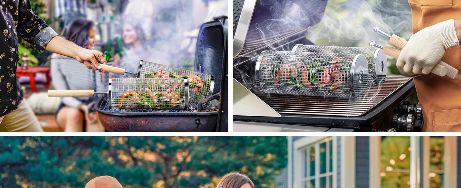 Grill Basket with Removable Wooden Handle & Nesting Design - 304 Stainless Steel BBQ Tools for Outdoor Cooking detail 3