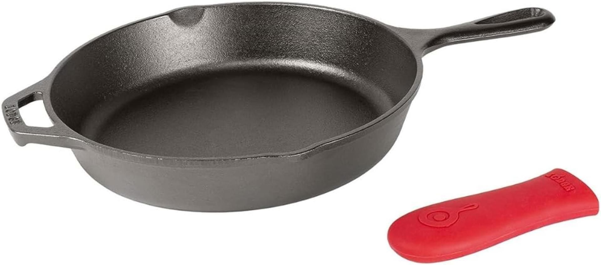 12 Inch Pre-Seasoned Cast Iron Skillet with Red Silicone Handle Holder - Oven, Grill & Campfire Safe - Made in USA