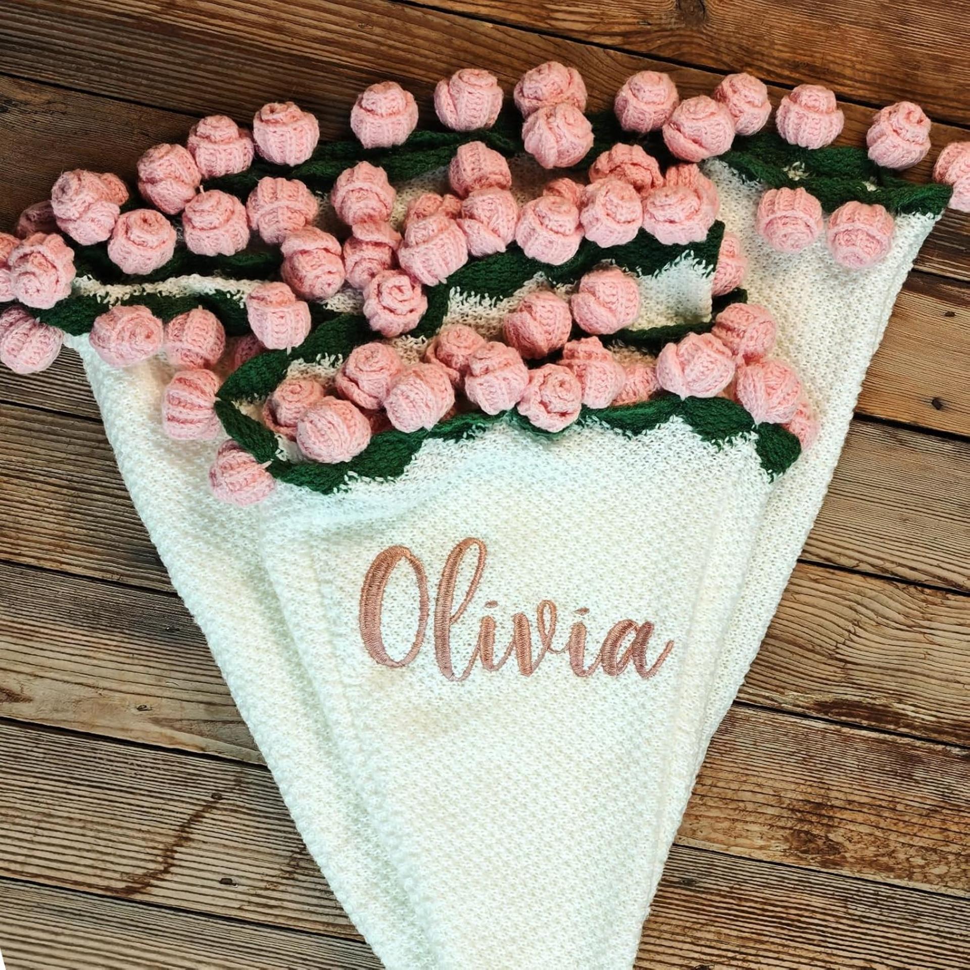 Personalized Rose Flower Blanket - Custom Embroidered Name Crochet Bouquet Throw for Women & Mom - 2
