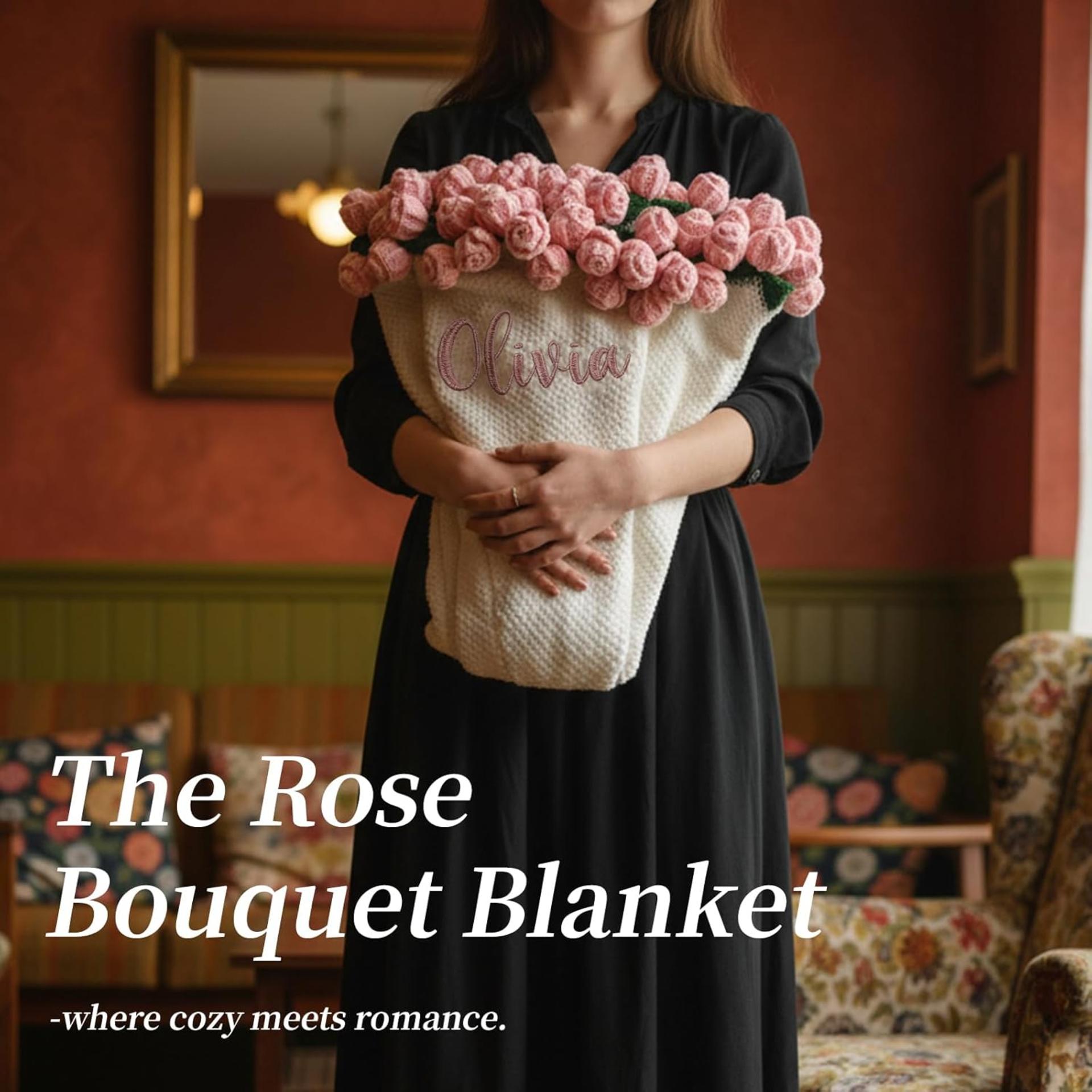 Personalized Rose Flower Blanket - Custom Embroidered Name Crochet Bouquet Throw for Women & Mom - 6