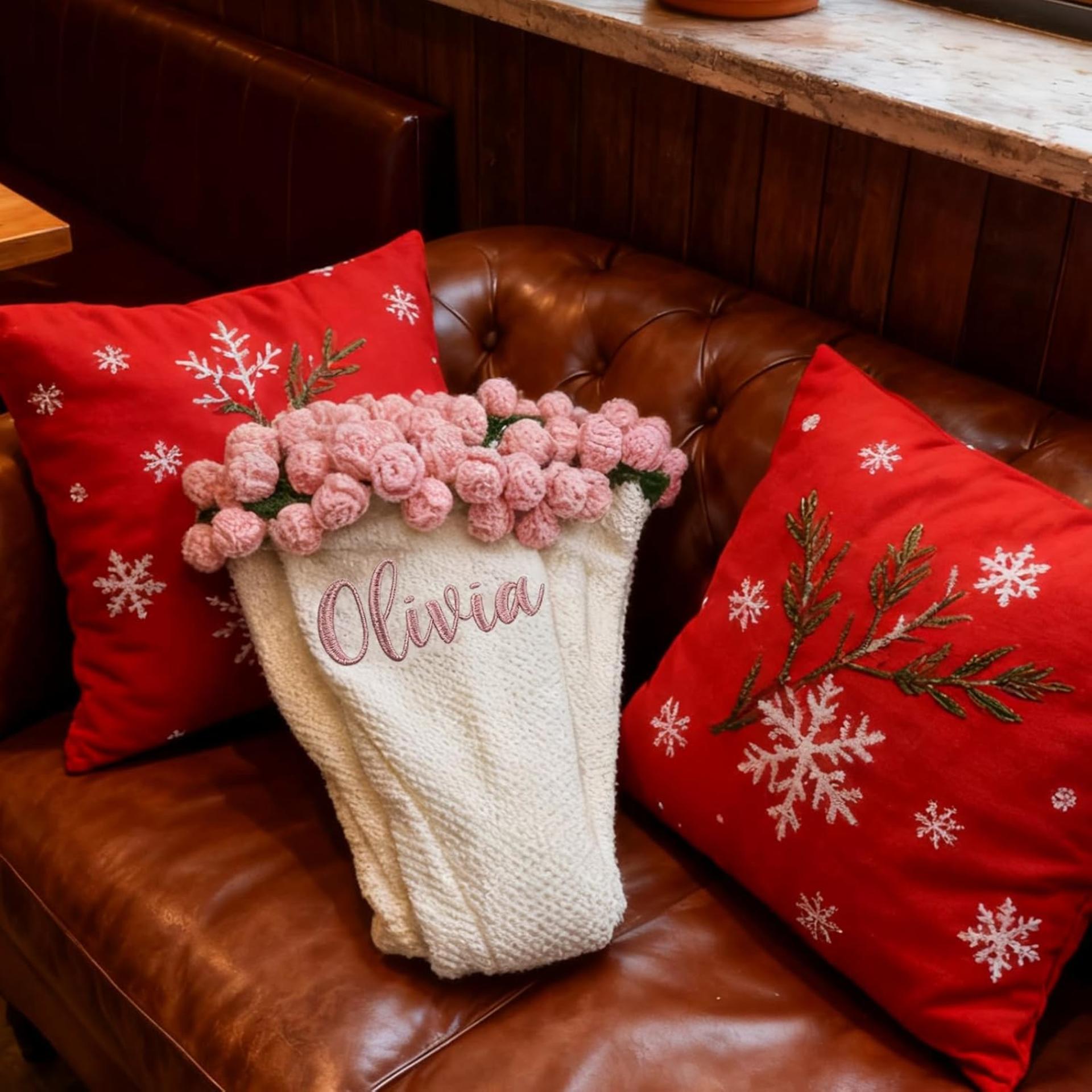 Personalized Rose Flower Blanket - Custom Embroidered Name Crochet Bouquet Throw for Women & Mom - 7