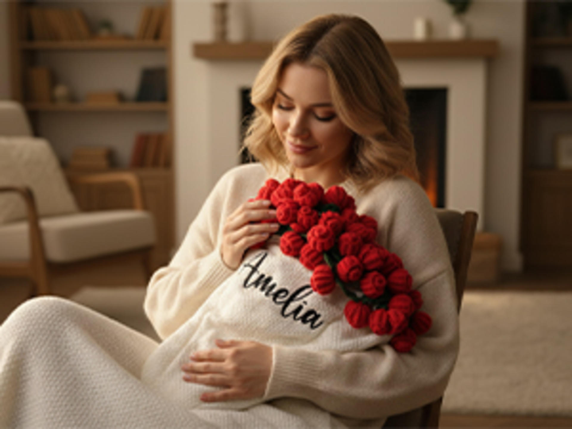 Personalized Rose Flower Blanket - Custom Embroidered Name Crochet Bouquet Throw for Women & Mom detail 9