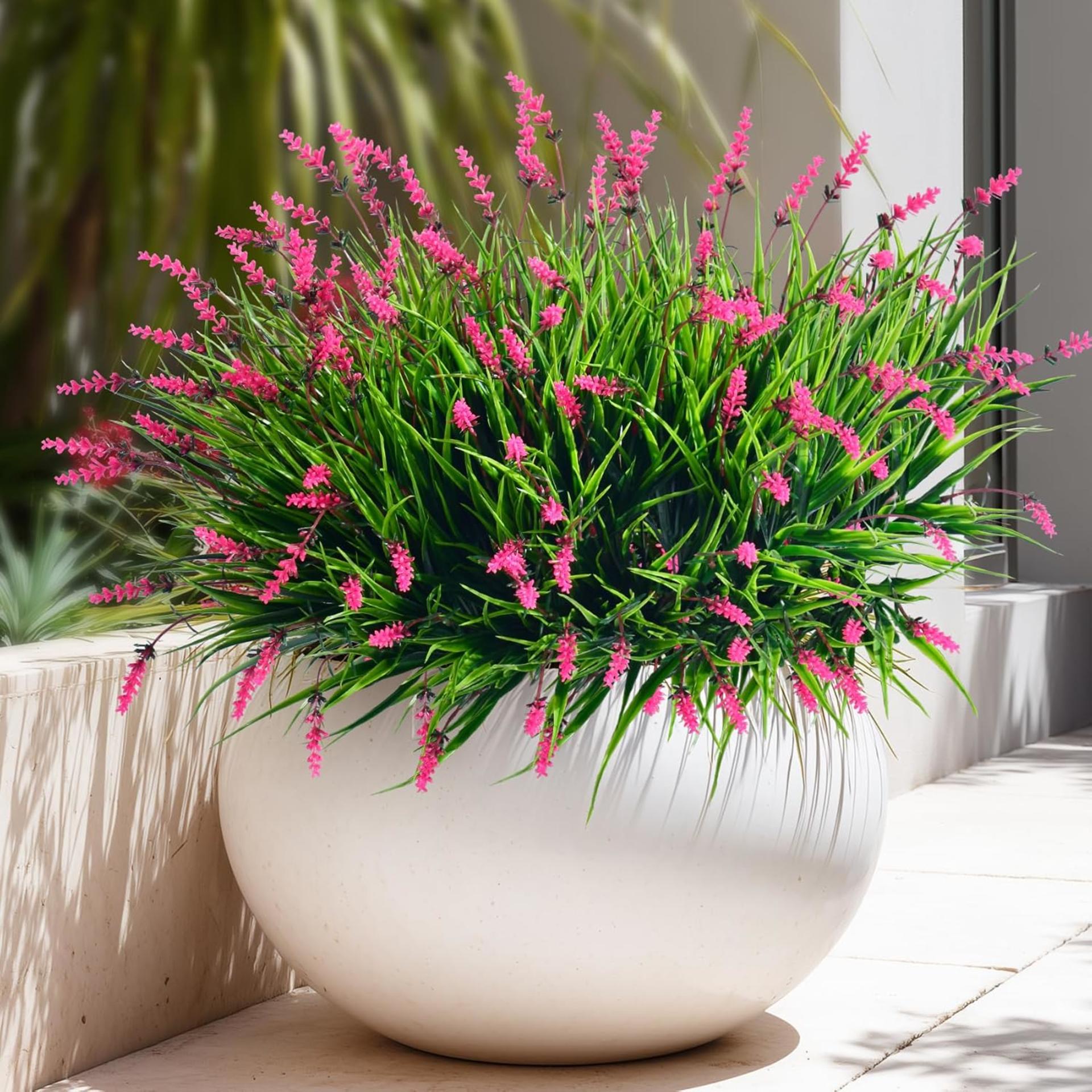 12 Bundles Artificial Lavender Flowers Faux Monkey Grass for Outdoor Indoor Decor (Pink)