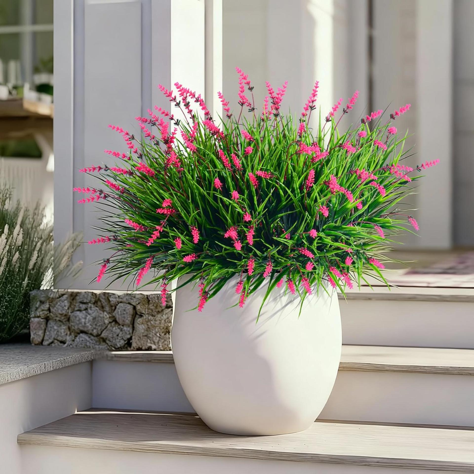 12 Bundles Artificial Lavender Flowers Faux Monkey Grass for Outdoor Indoor Decor (Pink) - 6