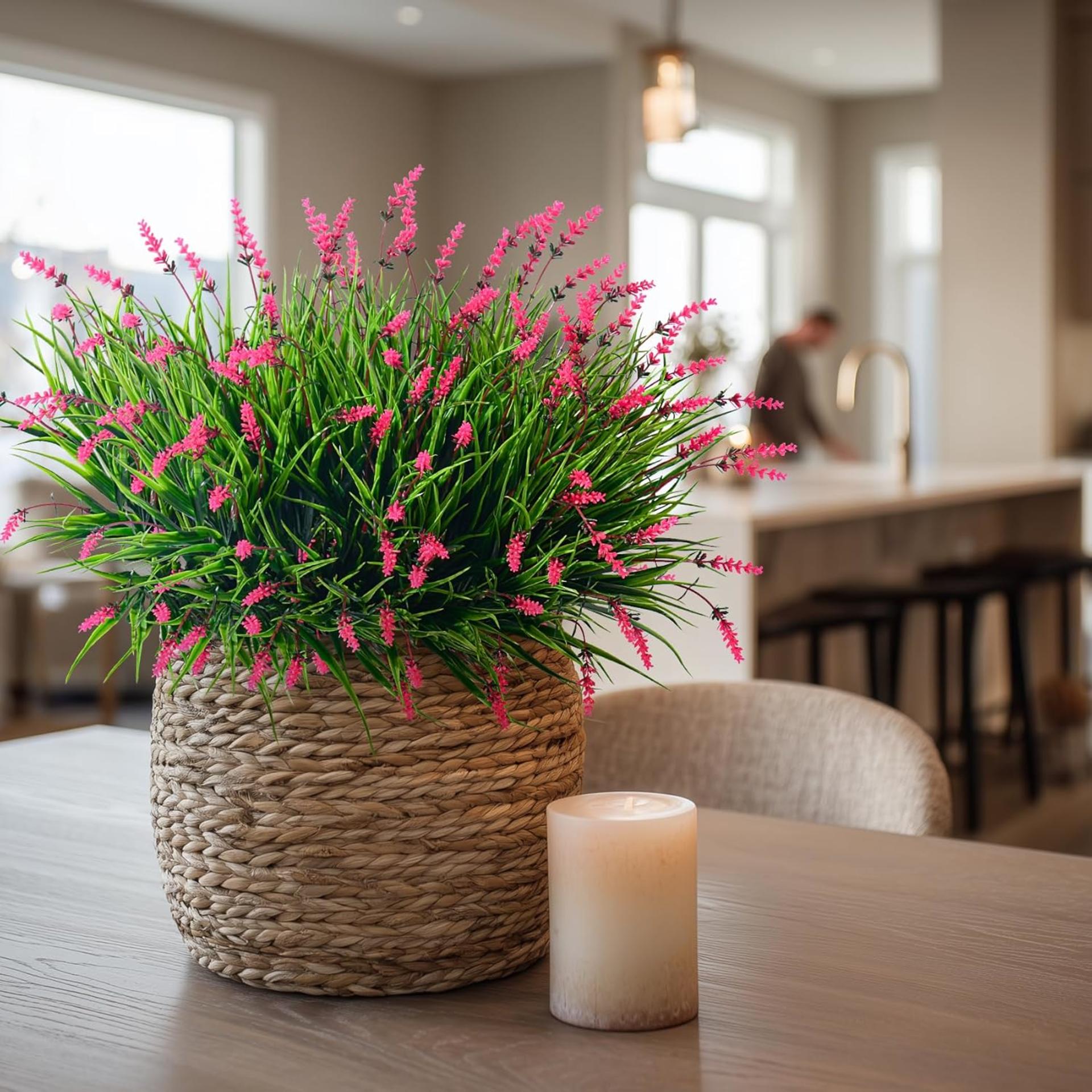 12 Bundles Artificial Lavender Flowers Faux Monkey Grass for Outdoor Indoor Decor (Pink) - 8
