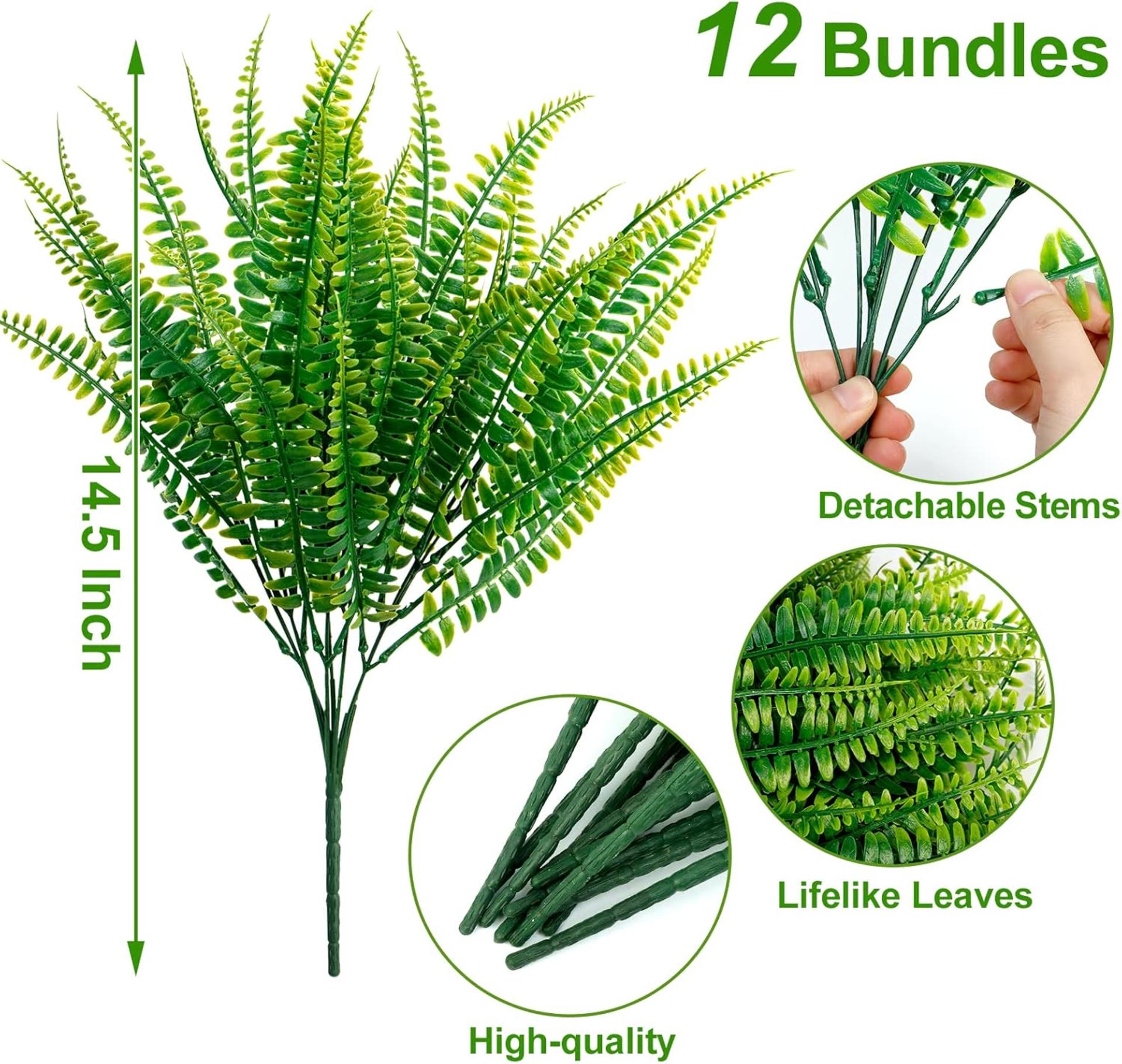 12 Bundles Artificial Boston Ferns UV Resistant Faux Greenery for Outdoor Indoor Decor - 2
