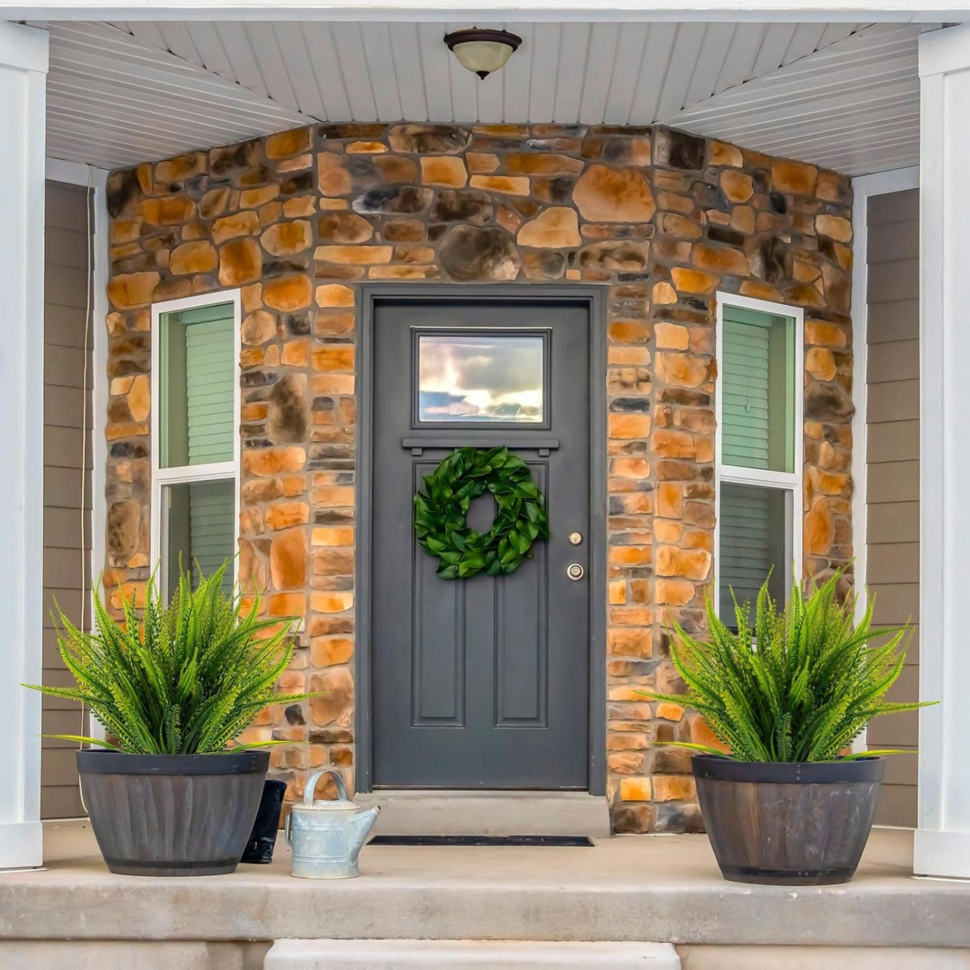 12 Bundles Artificial Boston Ferns with Flowers, UV Resistant Faux Greenery for Outdoor Indoor Decor - 3