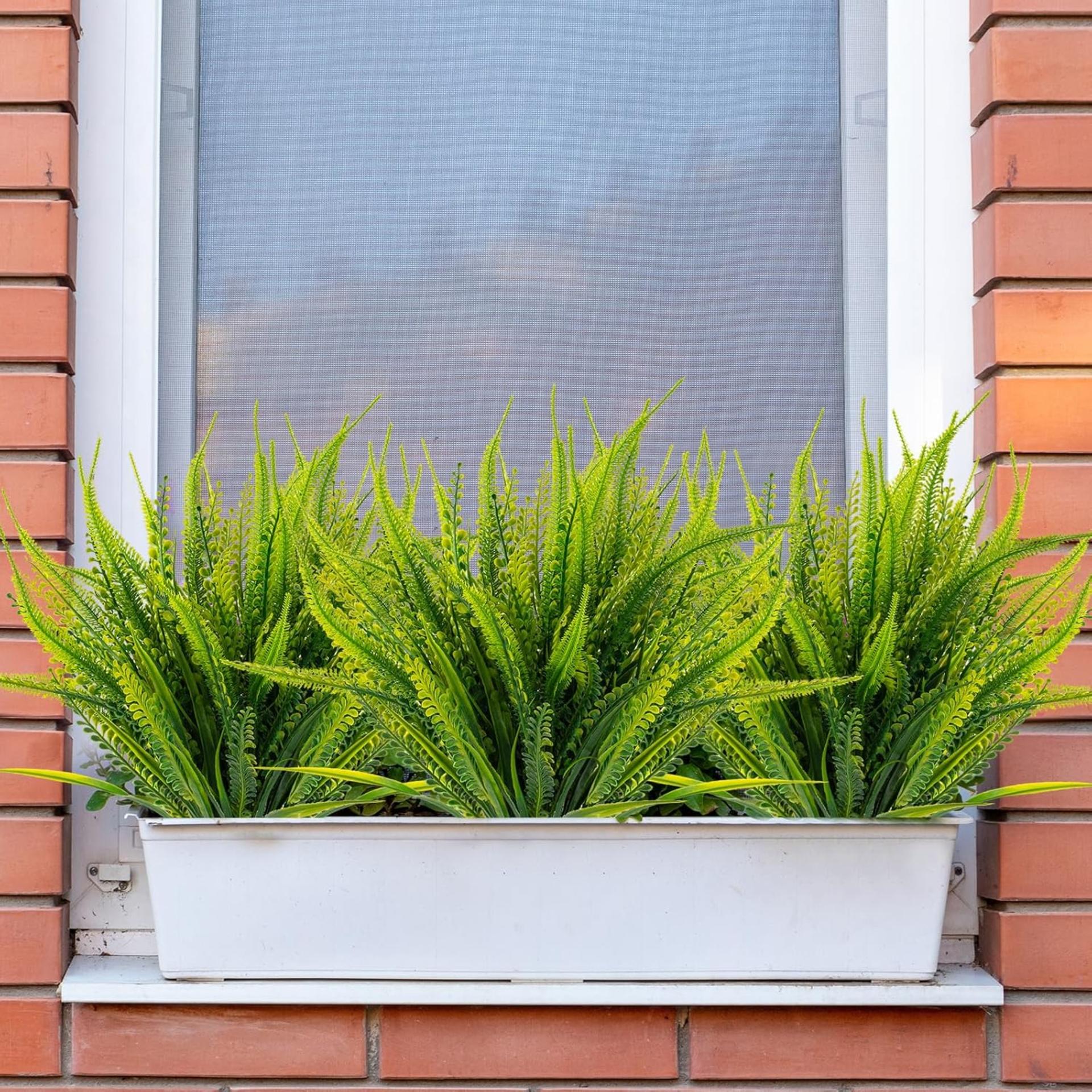 12 Bundles Artificial Boston Ferns with Flowers, UV Resistant Faux Greenery for Outdoor Indoor Decor - 5