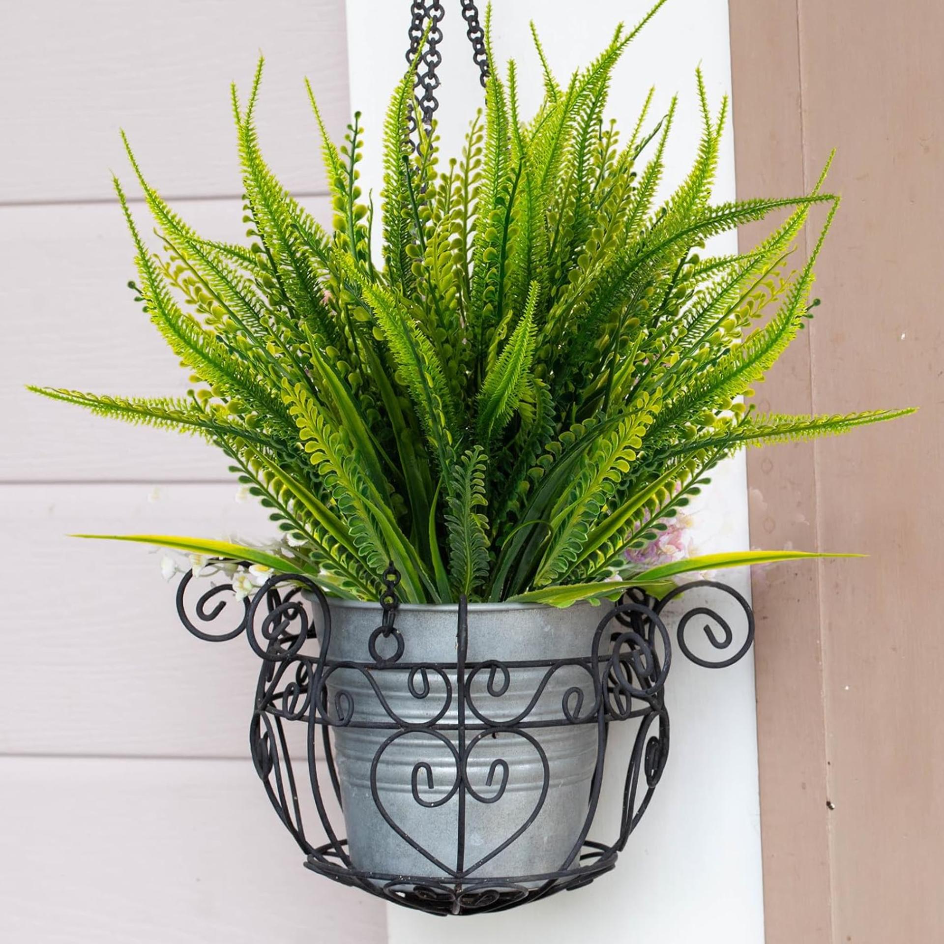 12 Bundles Artificial Boston Ferns with Flowers, UV Resistant Faux Greenery for Outdoor Indoor Decor - 7