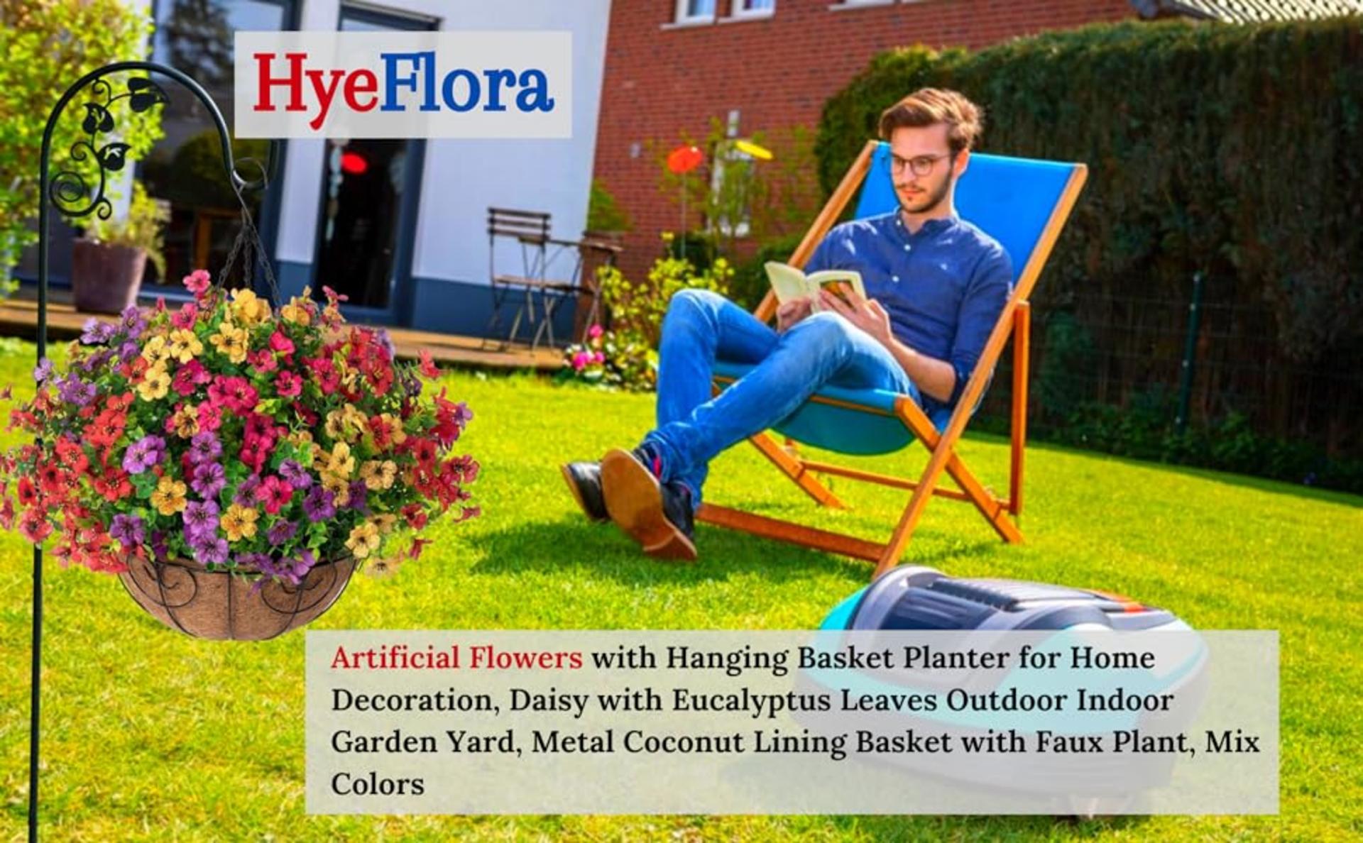 Artificial Hanging Flower Basket with UV Resistant Silk Daisies and Eucalyptus for Outdoor Decor detail 2