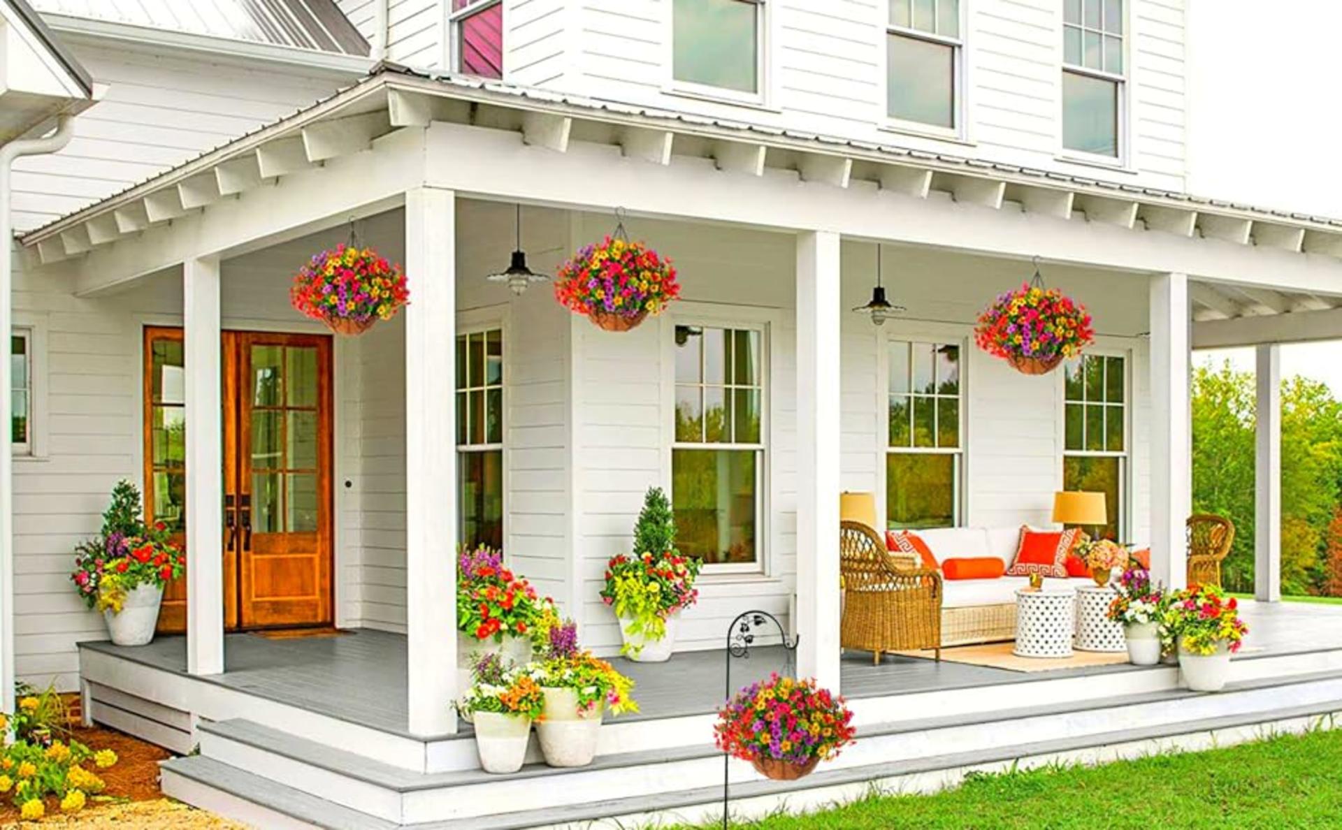 Artificial Hanging Flower Basket with UV Resistant Silk Daisies and Eucalyptus for Outdoor Decor detail 8