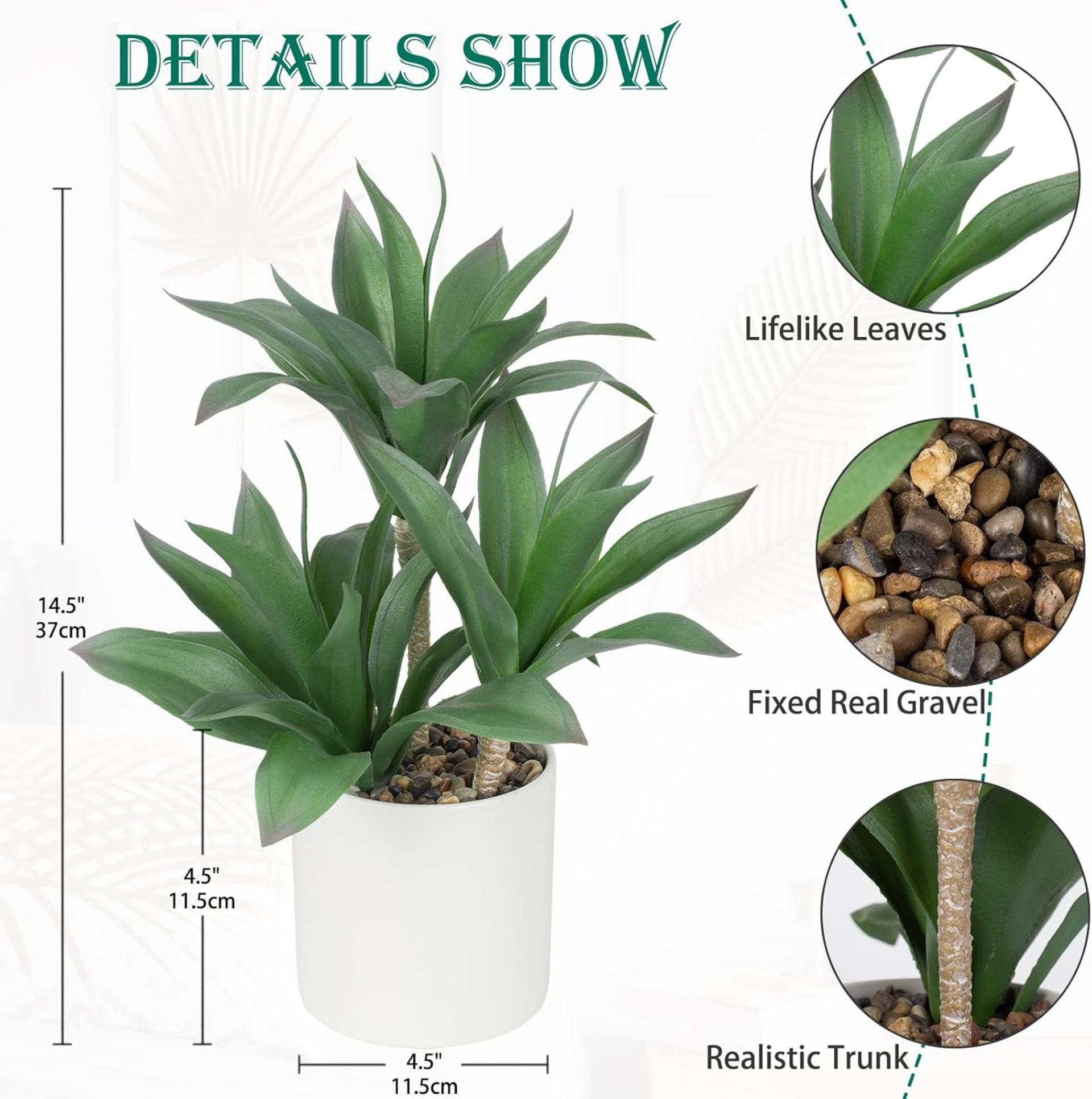 Large Artificial Agave Plant - 15" Faux Three-Head Succulent in Modern White Ceramic Pot - 3