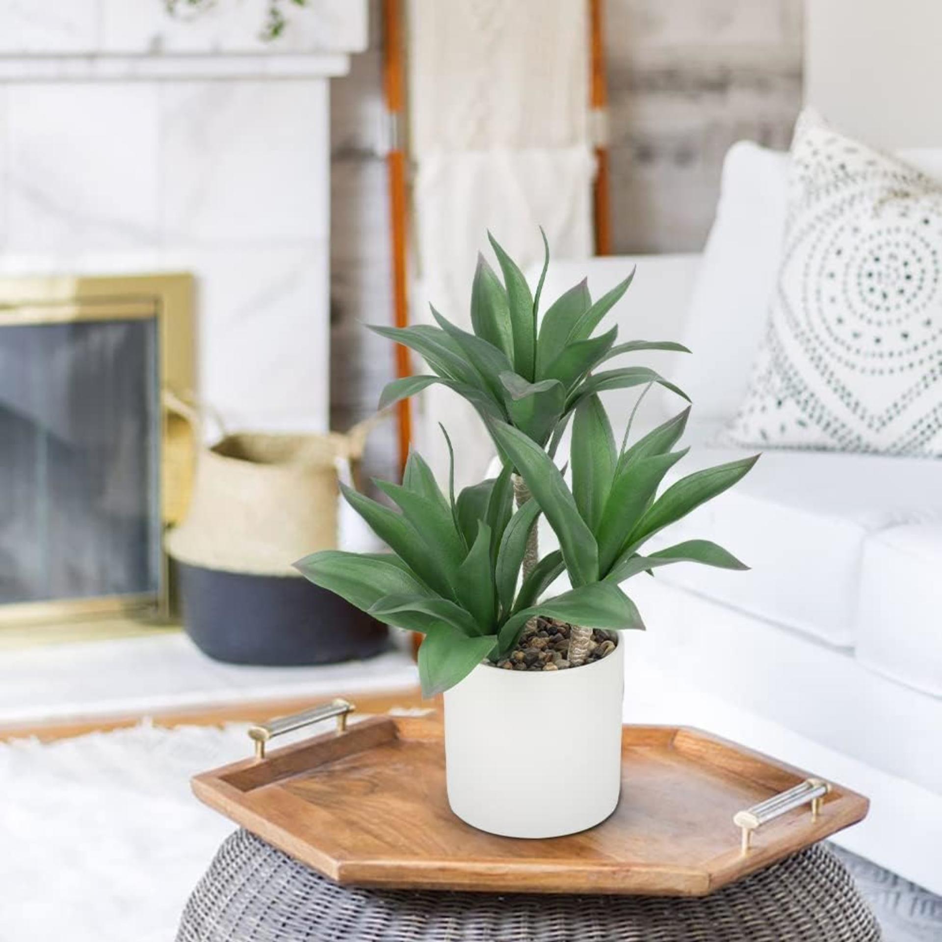 Large Artificial Agave Plant - 15" Faux Three-Head Succulent in Modern White Ceramic Pot - 5