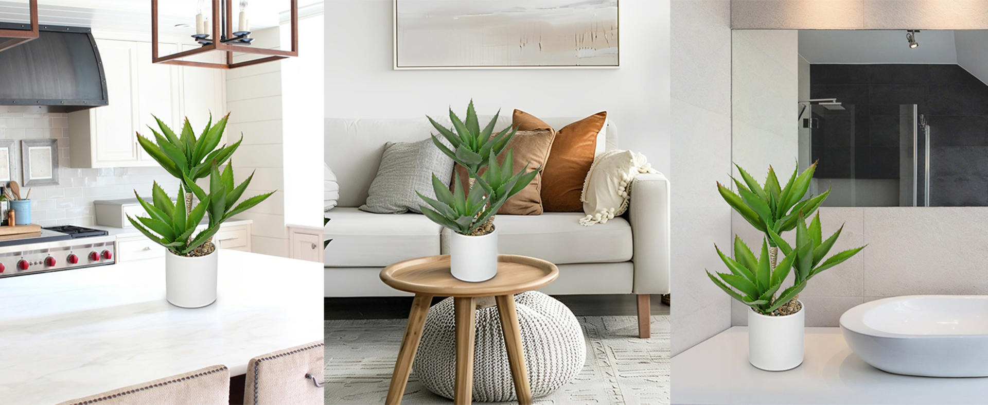 Large Artificial Agave Plant - 15" Faux Three-Head Succulent in Modern White Ceramic Pot detail 7